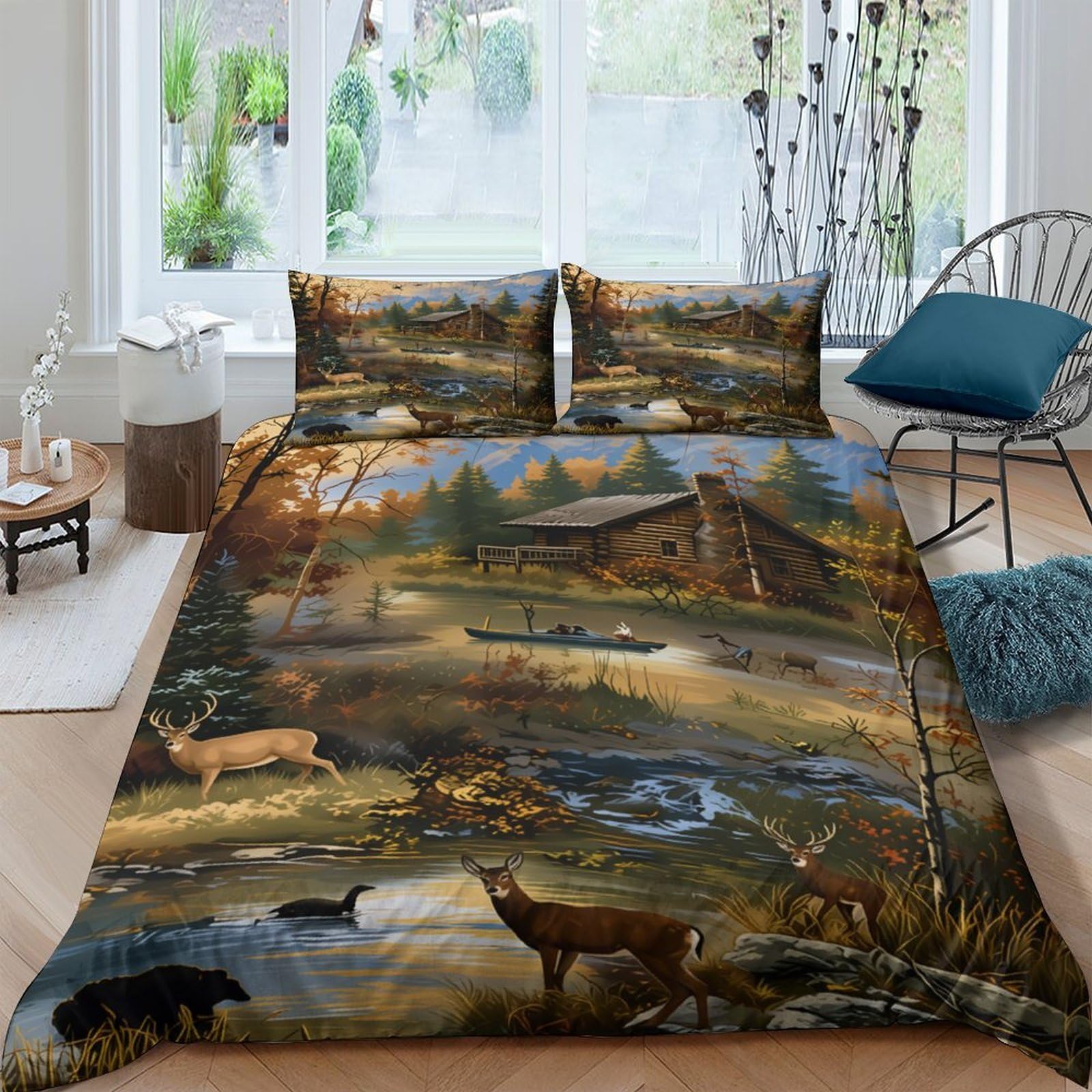 Ctjqhvkz Style-6 3D Printed Forest Cabin Fitted Sheet Microfiber Soft Deer River Bed Cover For Bedroom Guest Room Decor Mattress Protection Single（135X200cm）