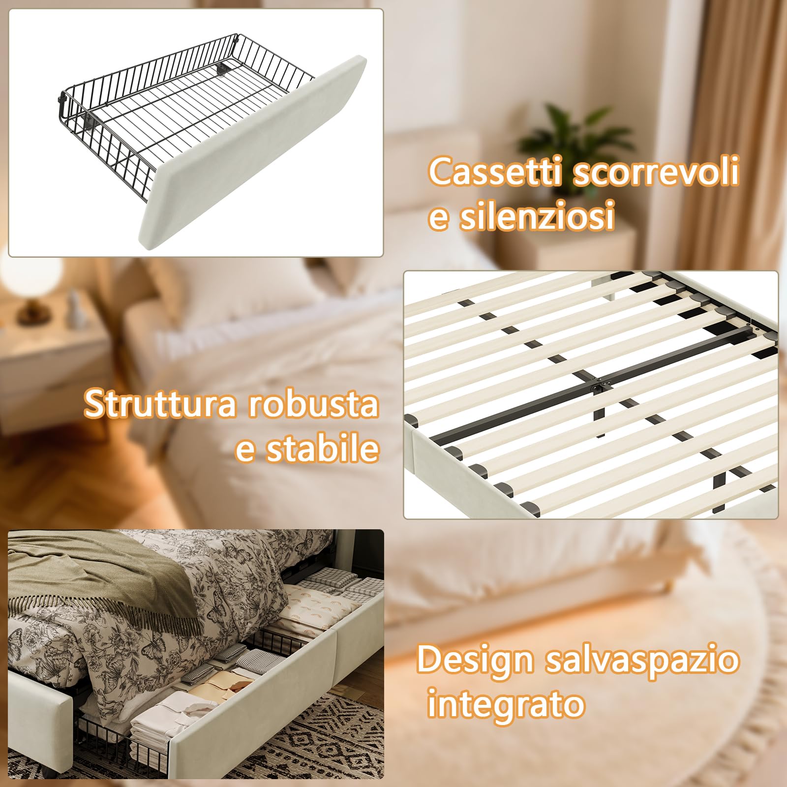 Letto con 4 Cassetti 140x200 cm, Velluto Beige con LED & TYPE-C, Testiera con 1 Ripiano, Salvaspazio, Struttura Letto con Doghe, Senza Materasso