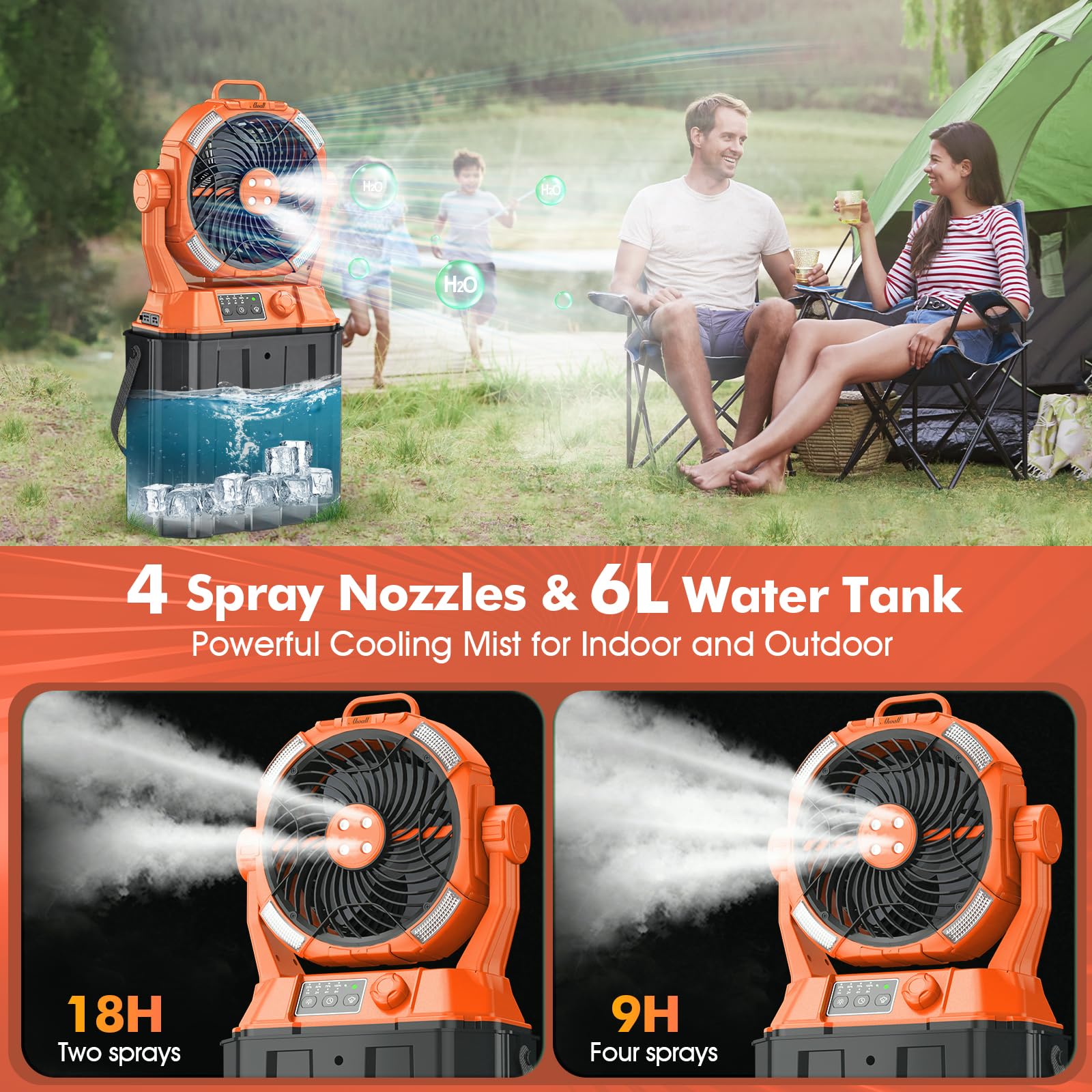 Nebelventilator mit tragbarem 6L Eimer für Außenterrassen, 20000mAh Wiederaufladbarer Nebelventilator für Camping mit LED-Licht, 4 Sprühnebel, Fernbedienung Cotroller