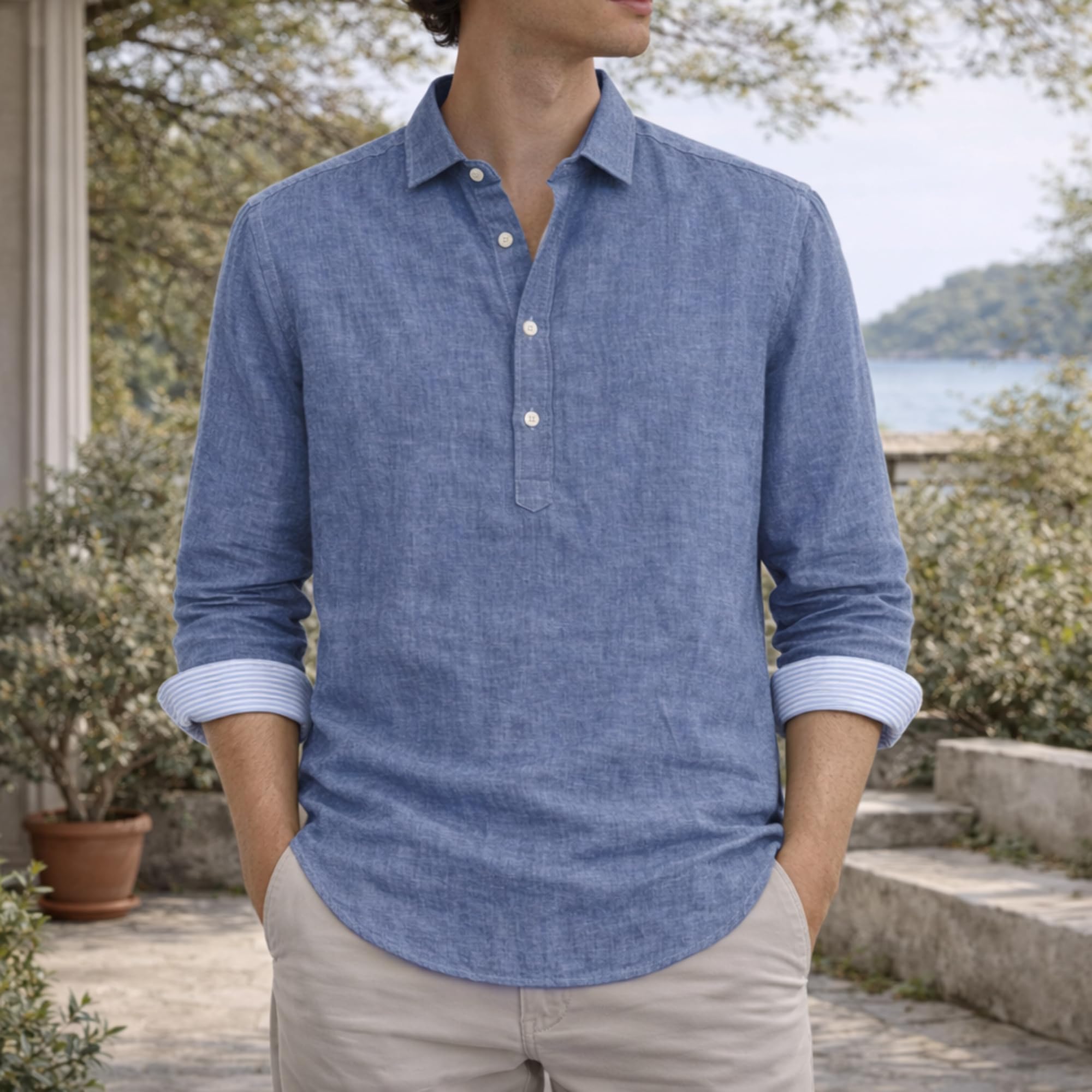 Camisa de Lino para Hombre, Manga Larga con Media Tapeta, Estilo Casual Transpirable para Verano y Playa, Camisa Ligera de Diseño Minimalista