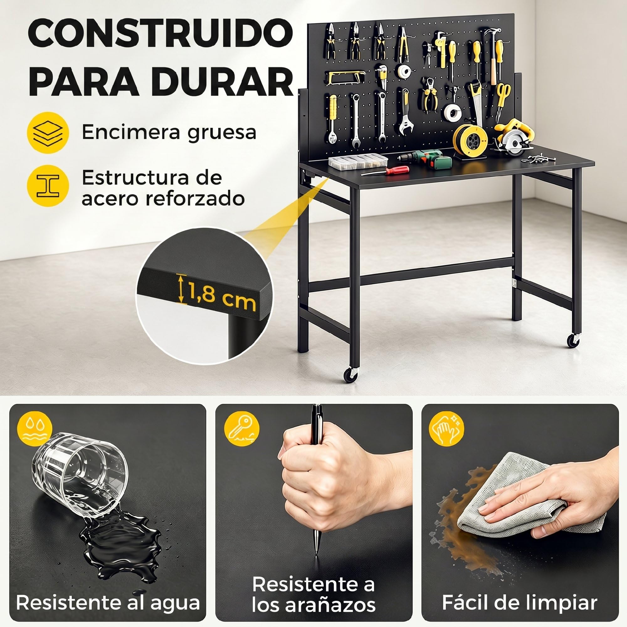 HOMCOM Banco de Trabajo Plegable con Tablero Perforado 115x62x143,5cm Negro | Ruedas, Mesa de Trabajo con Ganchos, Marco de Acero, para Garaje o Taller