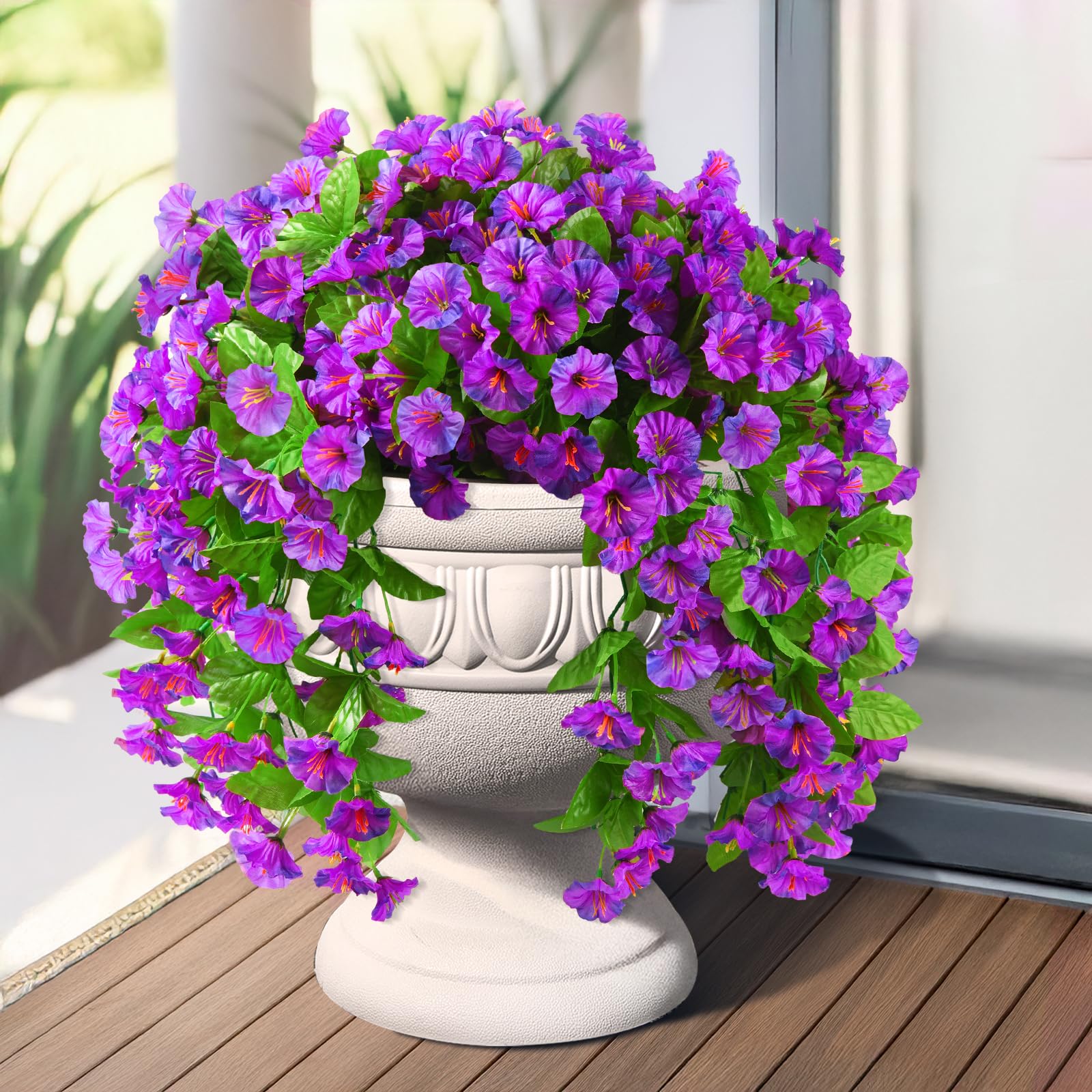 INQCMY Artificial Flowers Outdoor Spring Decor Faux Silk Morning Glory Fake Hanging Flowers 2pcs, UV Resistant Look Real for Home Porch Lawn Garden,