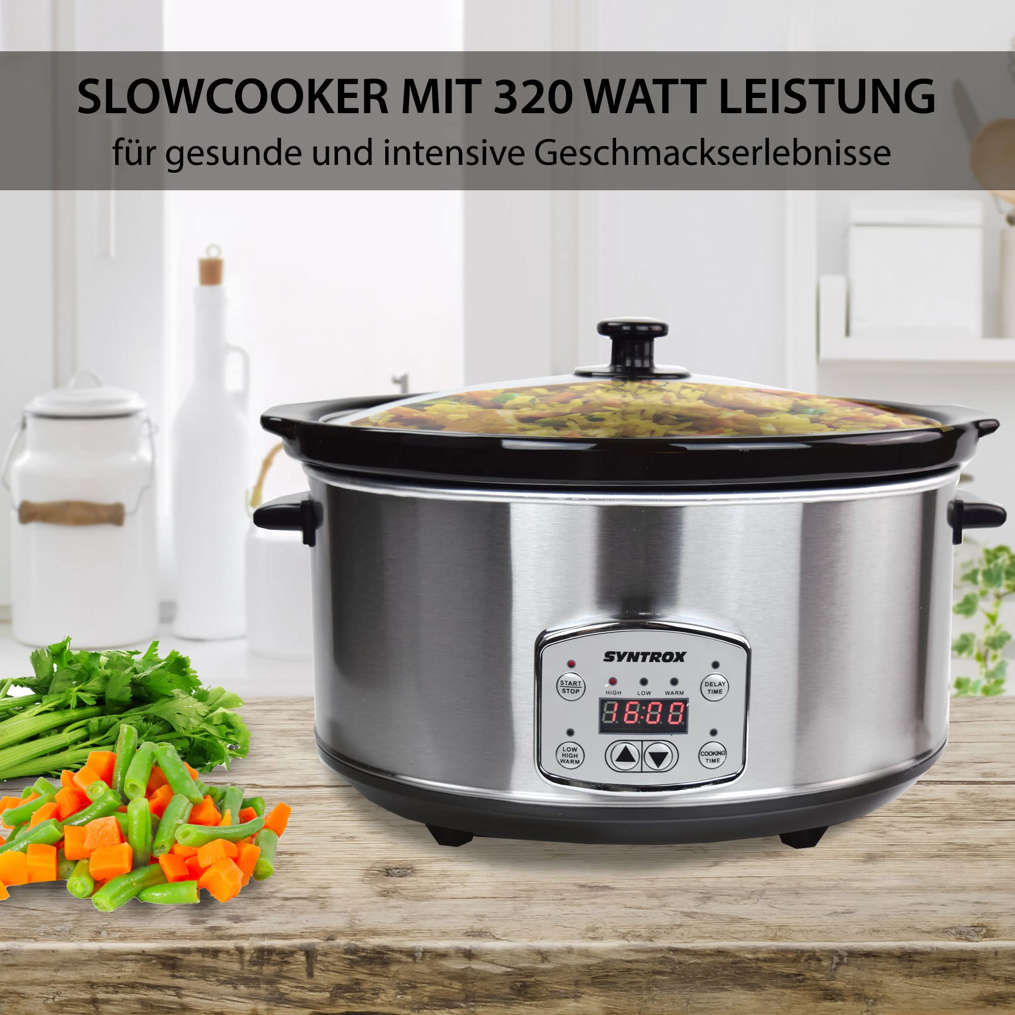 Syntrox Germany Schongarer mit 6,5L Slow Cooker mit 3 Heizstufen und Warmhaltefunktion und 320 Watt