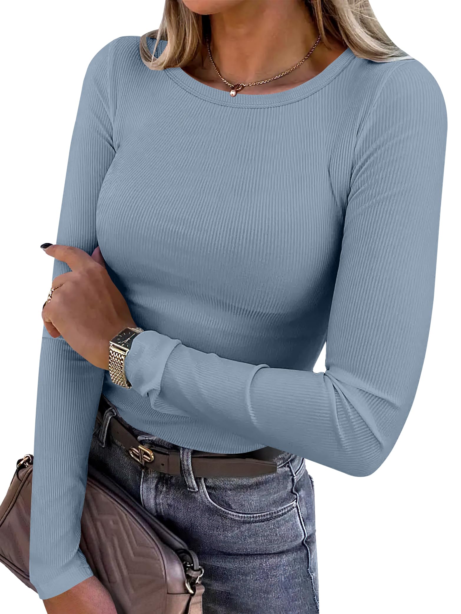 ANRABESS Women Long Sleeve Shirts Rib Knit Slim Fit Tops Basic Tee Spring Outfits Casual T-Shirt Underscrubs Layer Clothes