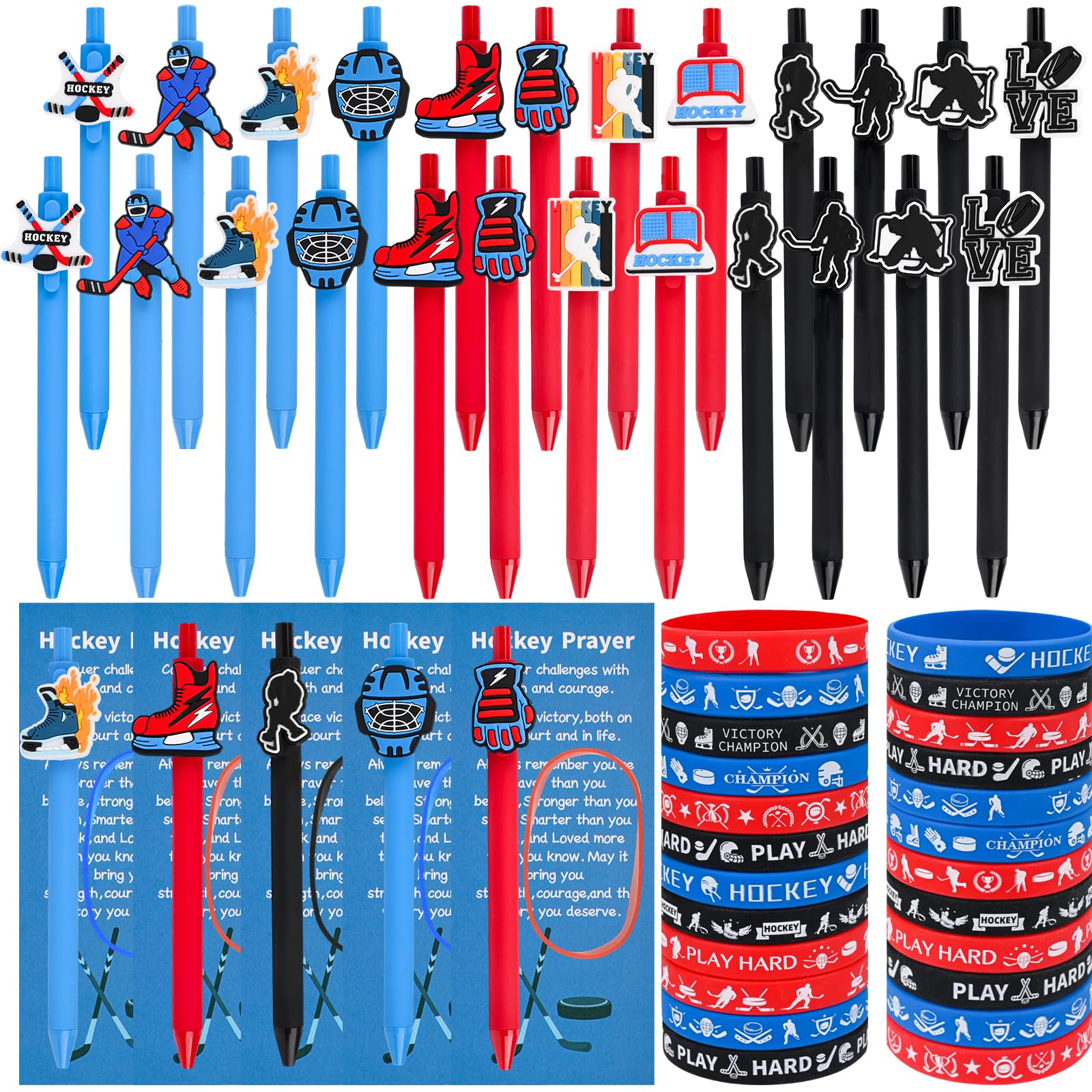 LiYiQ 72 Pcs Hockey Party Favors Hockey Team Gifts Hockey Goodie Bags Stuffers Hockey Ballpoint Pens Bookmark Card and Silicone Bracelet
