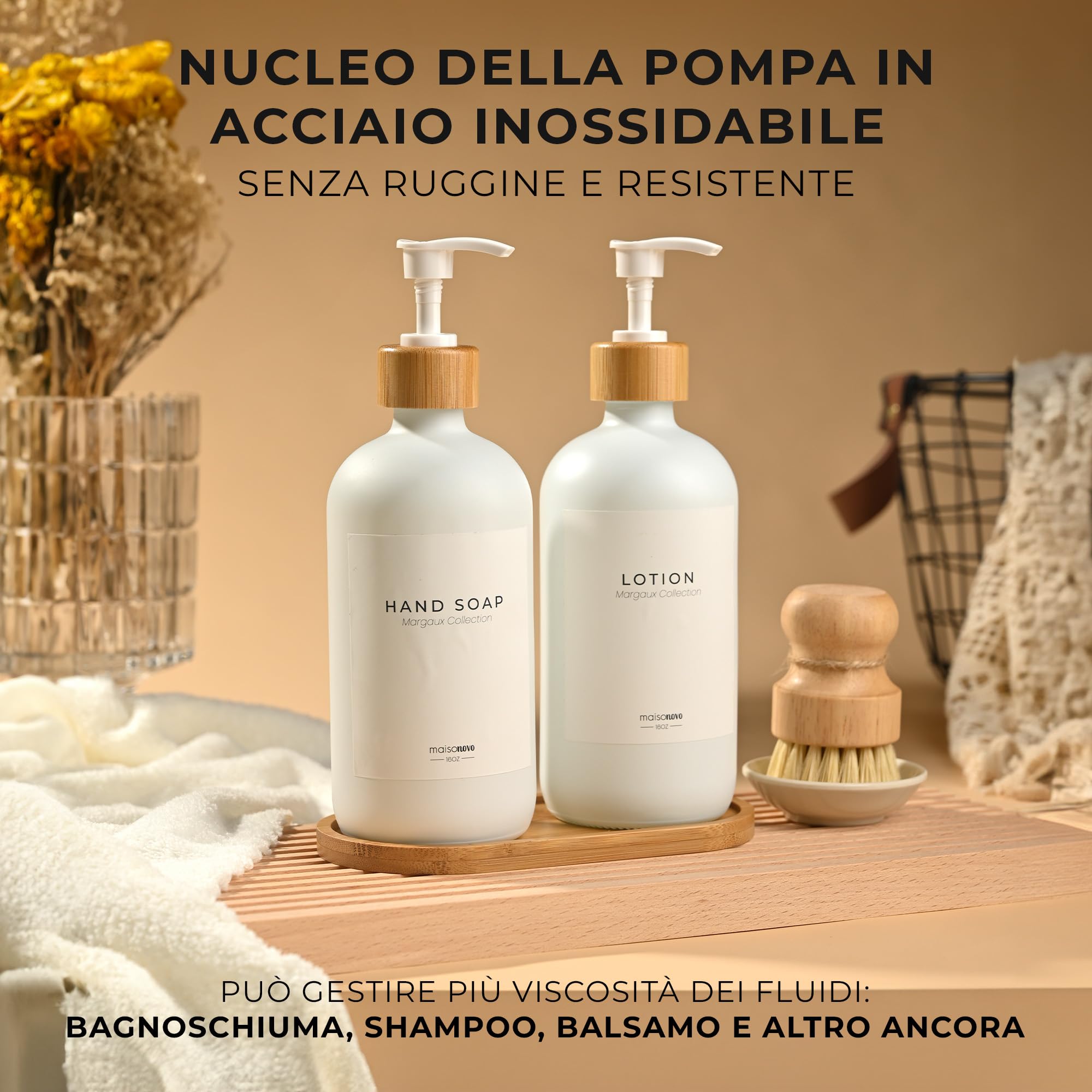 MaisoNovo Dispenser di sapone da bagno Set da 2 pezzi - Dispenser di sapone per le mani da 500 ml - Bottiglie di bambù bianche - Pompa in acciaio inossidabile con vassoio di bambù