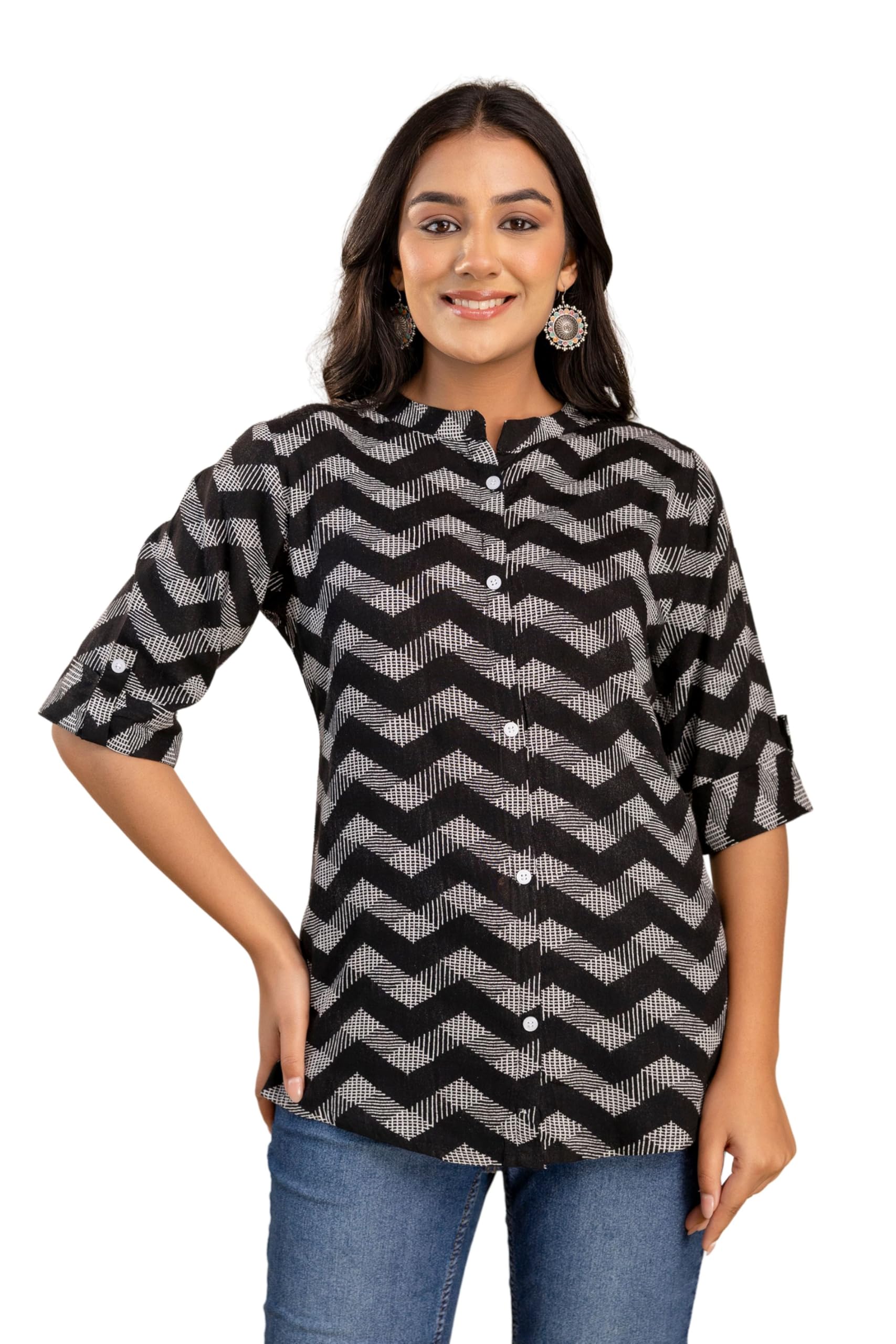 Women's Rayon Fabric 3/4 Sleeves Round Neck Printed Regular Fit Button Short Kurti-picture-33