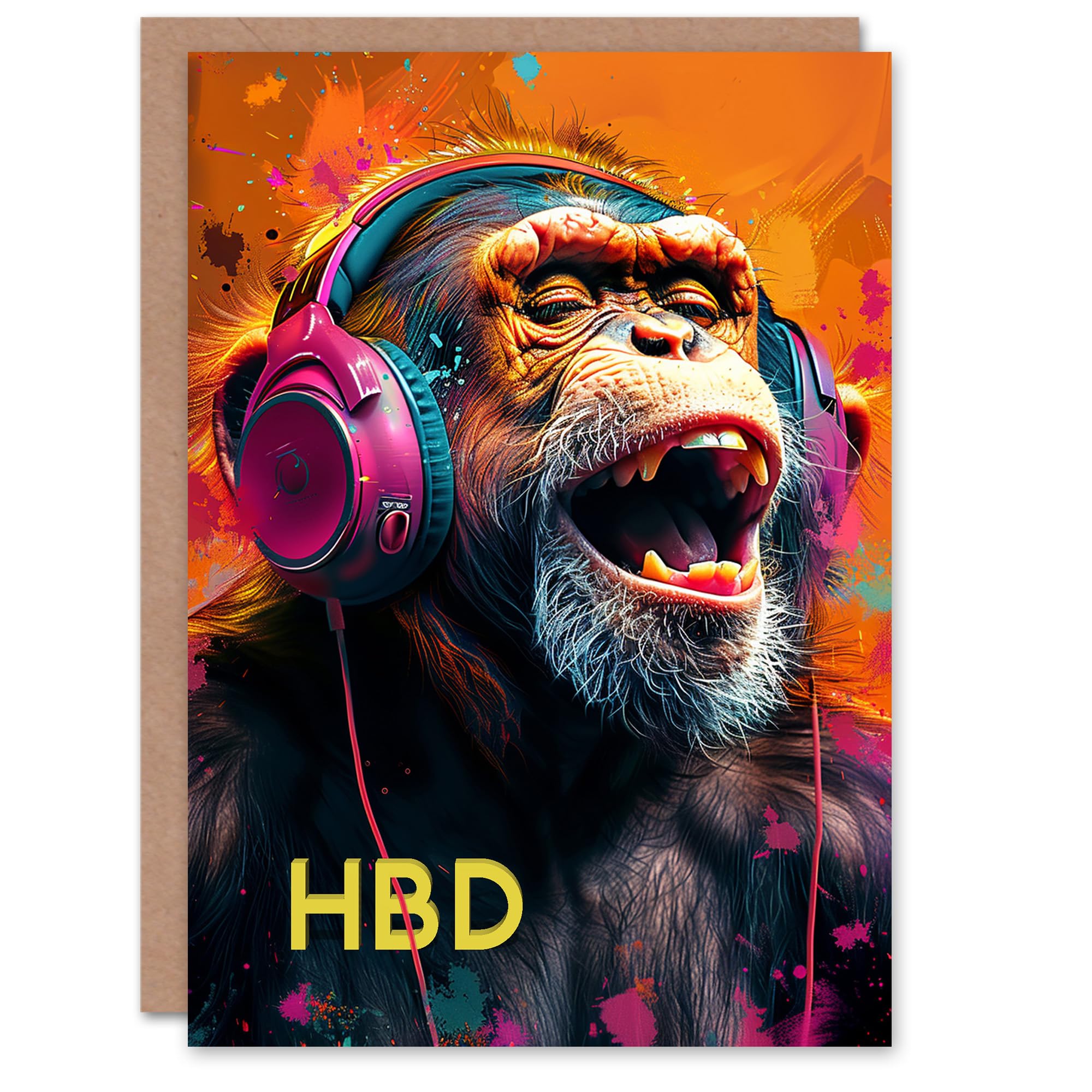 Artery8 Birthday Card Happy Chimp Funky Music Headphones HBD For Him Man Male Dad Brother Son Papa Grandad Greeting Card