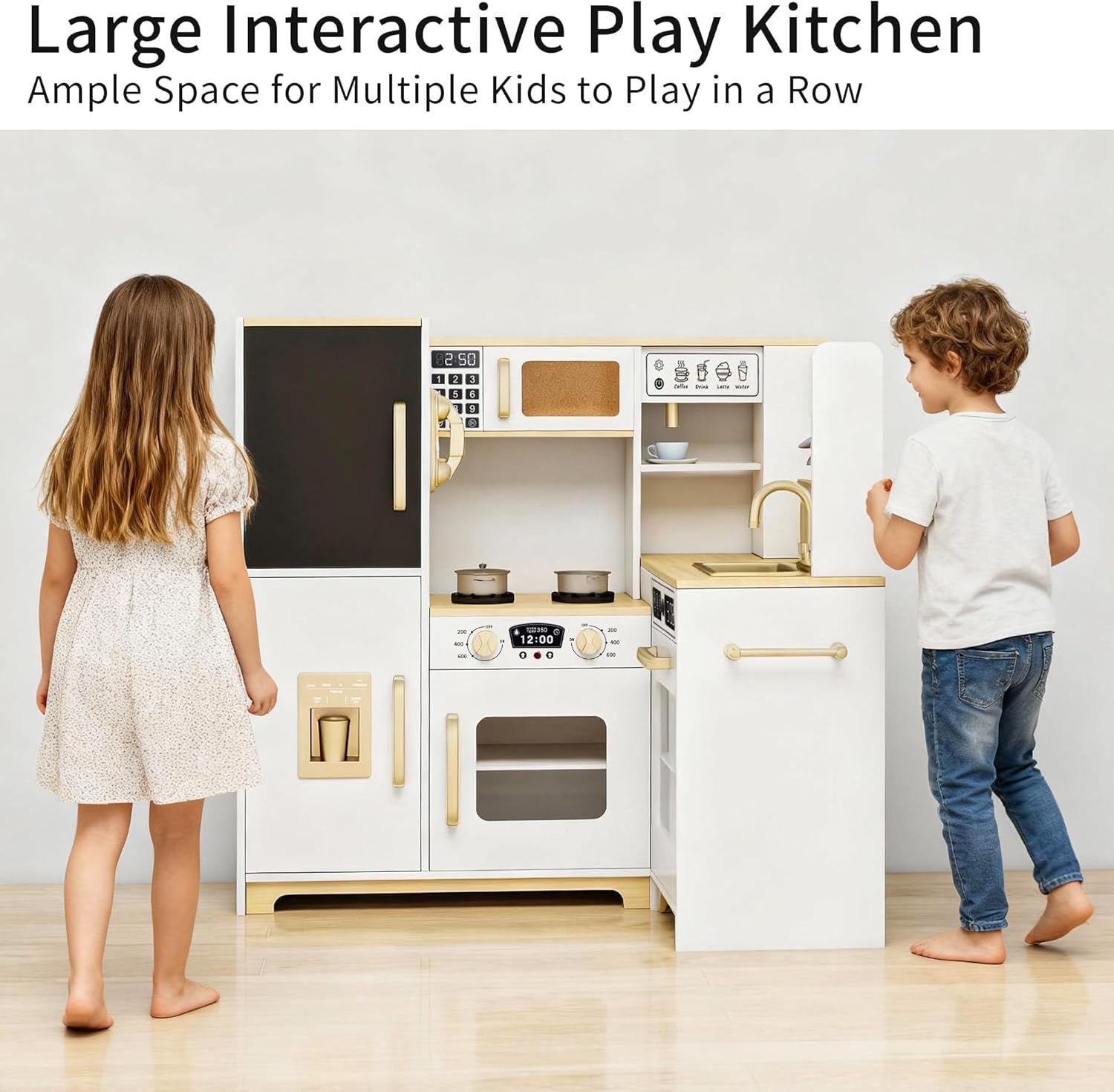 Kids Kitchen Playset with Lights & Sounds, Wooden Corner Play Kitchen with Sink,Oven, Ice Maker & Pretend Play Accessories, Educational Toy Kitchen Set for Toddlers, White