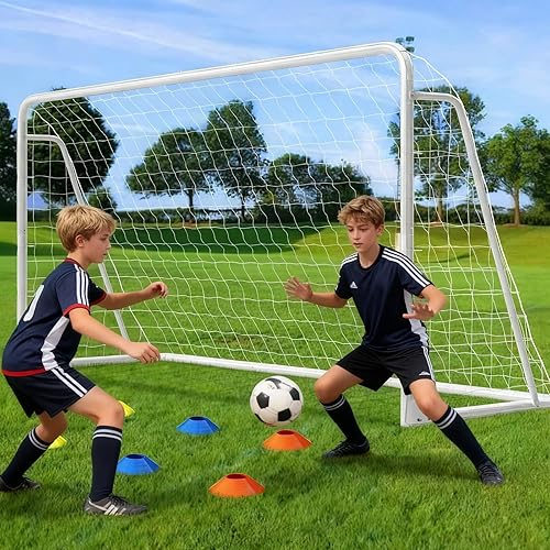 Miniatura 14 de NAIZEA Porterías de fútbol – 24x8/21x7/18x7/12x6/16x7/10x6/8x6/6x4 pies para patio trasero – Portería de fútbol de metal para jóvenes adultos –