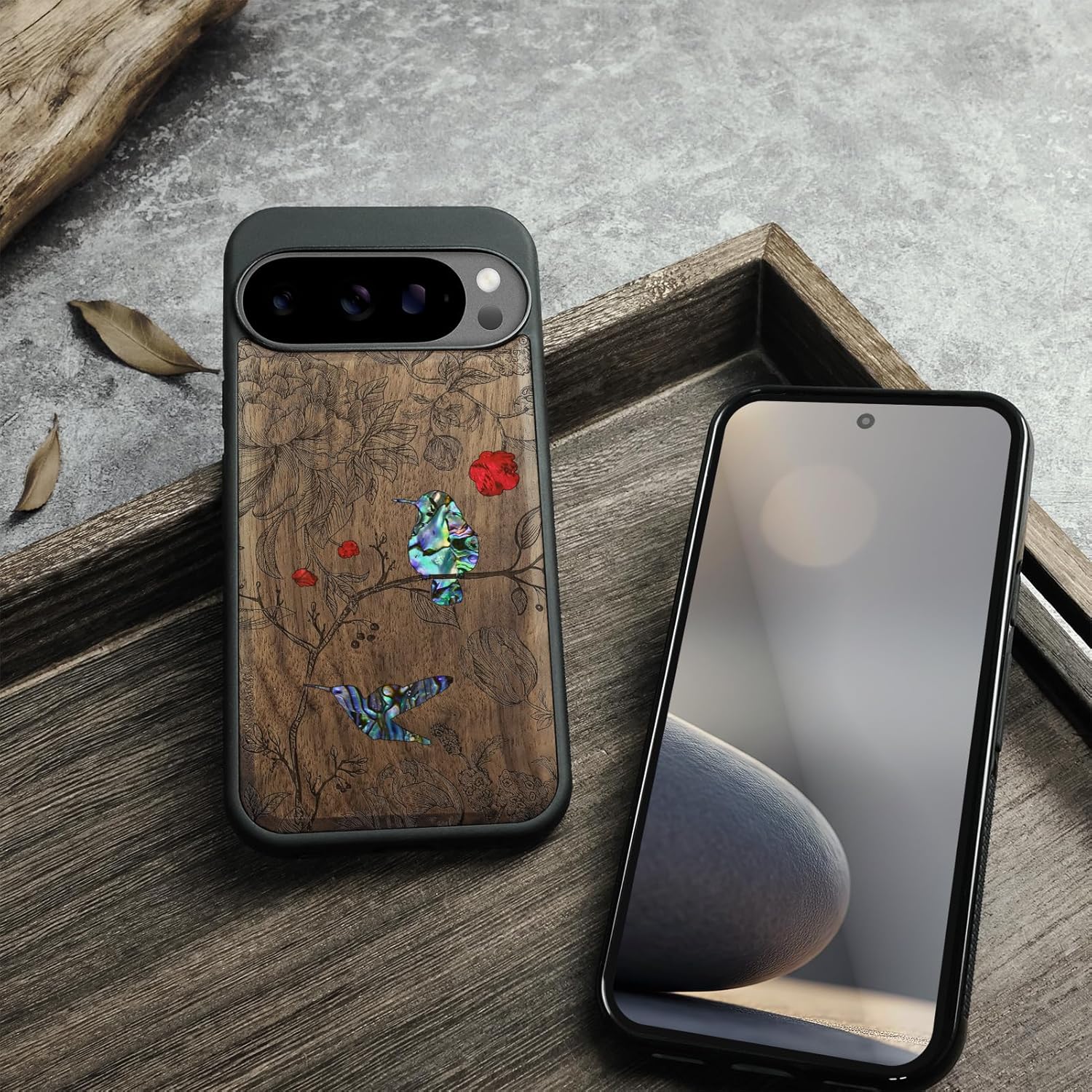 Carveit Magnetic Wooden Case for Pixel 10 / Pixel 10 Pro Case, Wood Artisan Engraved & Handmade Shell Inlaid, Compatible with MagSafe Wireless Chargers, A Dance of Flora and Avian - Walnut