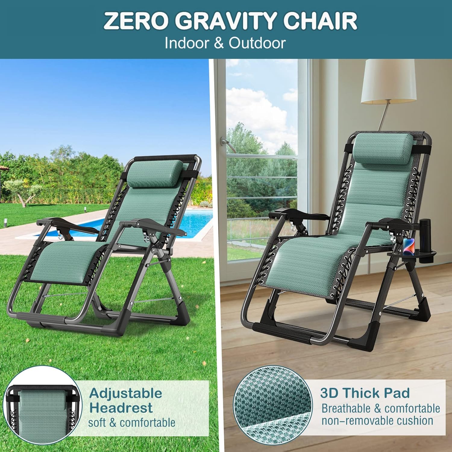 Barbella Zero Gravity Chair Reclining Lounge Chair Patio Chairs, Adjustable Lawn Recliner Folding Lounge Recliners with Removable Cushion, Headrest & Cup Holder, Ice Touch Silk Reclining Chair