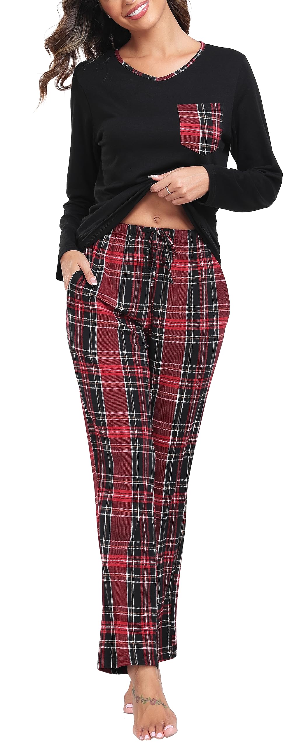 Lovasy Pigiama Donna Manica Lunga Pantaloni Lunghi Casual Scollo a V Top con Motivo a Pois Carino con Tasca Due Pezzi