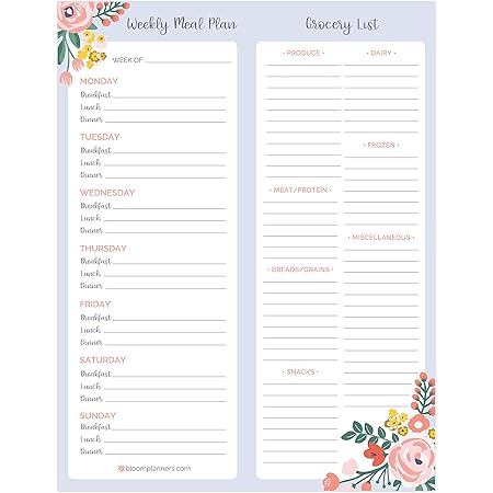 bloom daily planners Weekly Magnetic Meal Planning Pad for Fridge with Tear-Off Grocery Shopping List - Hanging Food/Menu Organizer Notepad with Magnets - 8.5” x 11”