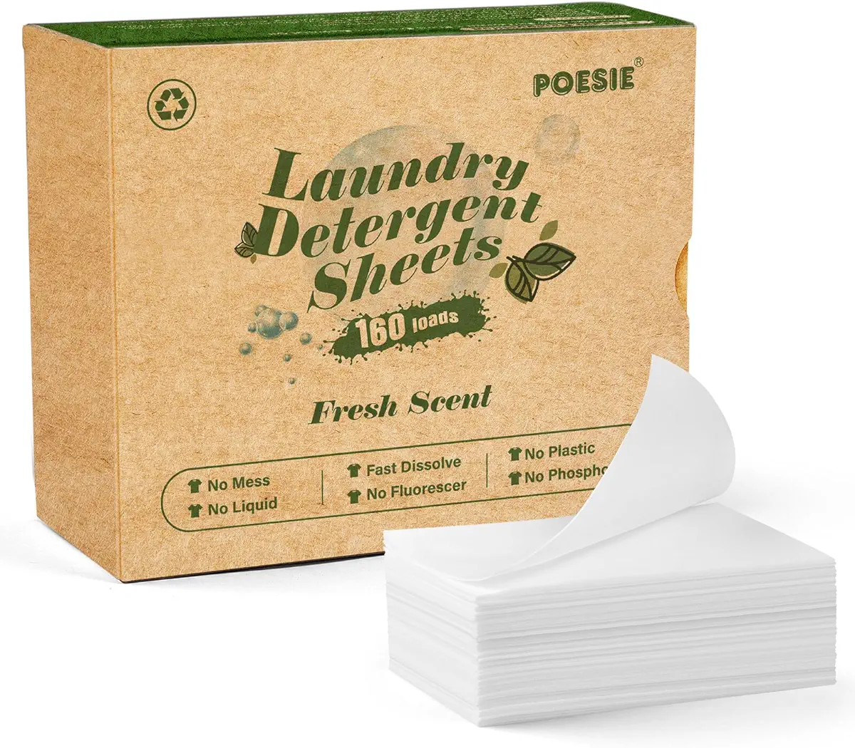 Poesie Laundry Detergent Sheets Fresh Scent Eco-Friendly 160 Sheets Clear Plastic-Free Hypoallergenic Liquid Less Sheets for Home Dorm Travel Camping &amp; Hand Washing Clean No Waste