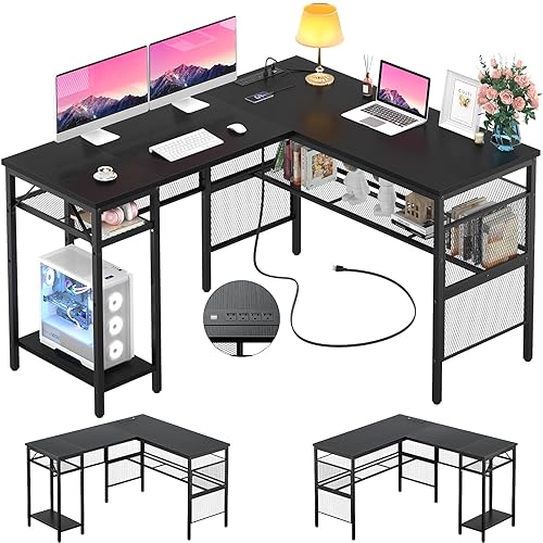 Cyclysio L-Shaped Computer Desk with Charging Station, Reversible Corner Desk with Storage, Computer Desk with Monitor Stand, 55'' Gaming Desk with Shelves, 2 Person Long Writing Study Desk, Black - Black - 55''
