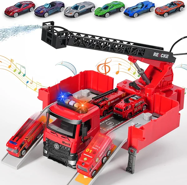 Toy Fire Truck Rescue Firetruck - Transformer Ejector Truck Car Race Track Home Outdoor Shool Toddler Kids Ages 3+ 4 5 6 7 8 Year Old Boys Girls Children Christmas Birthday Gift Ladder Real Water Jet