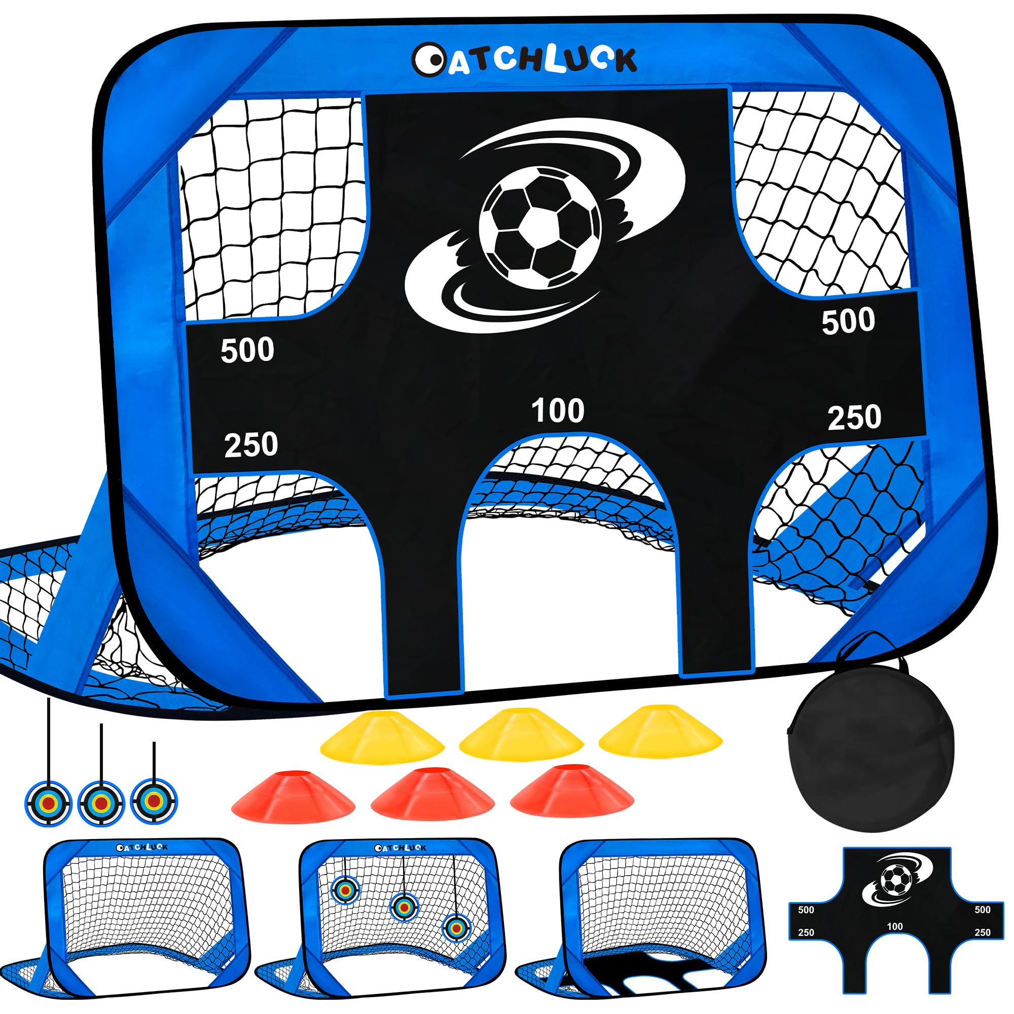 CATCHLUCK Porta da calcio per bambini, reti da calcio per giardino, 4 in 1, bersaglio per bambini, blu