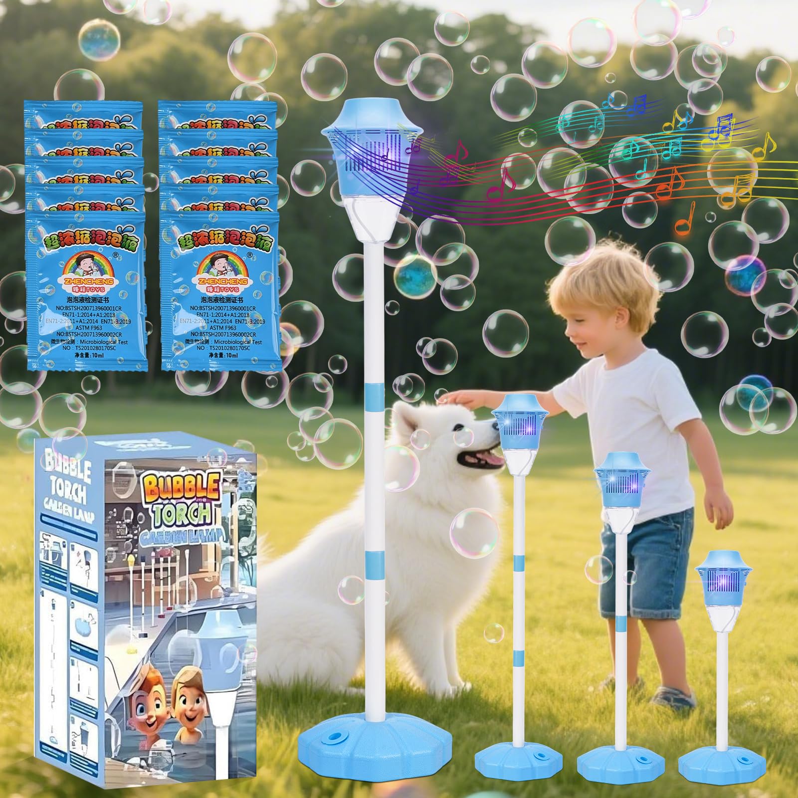Bubble Maker Stand Up Bubble Machine Adjustable Height, Magical Bubble Torch Garden Lamp Rechargeable & Automatic