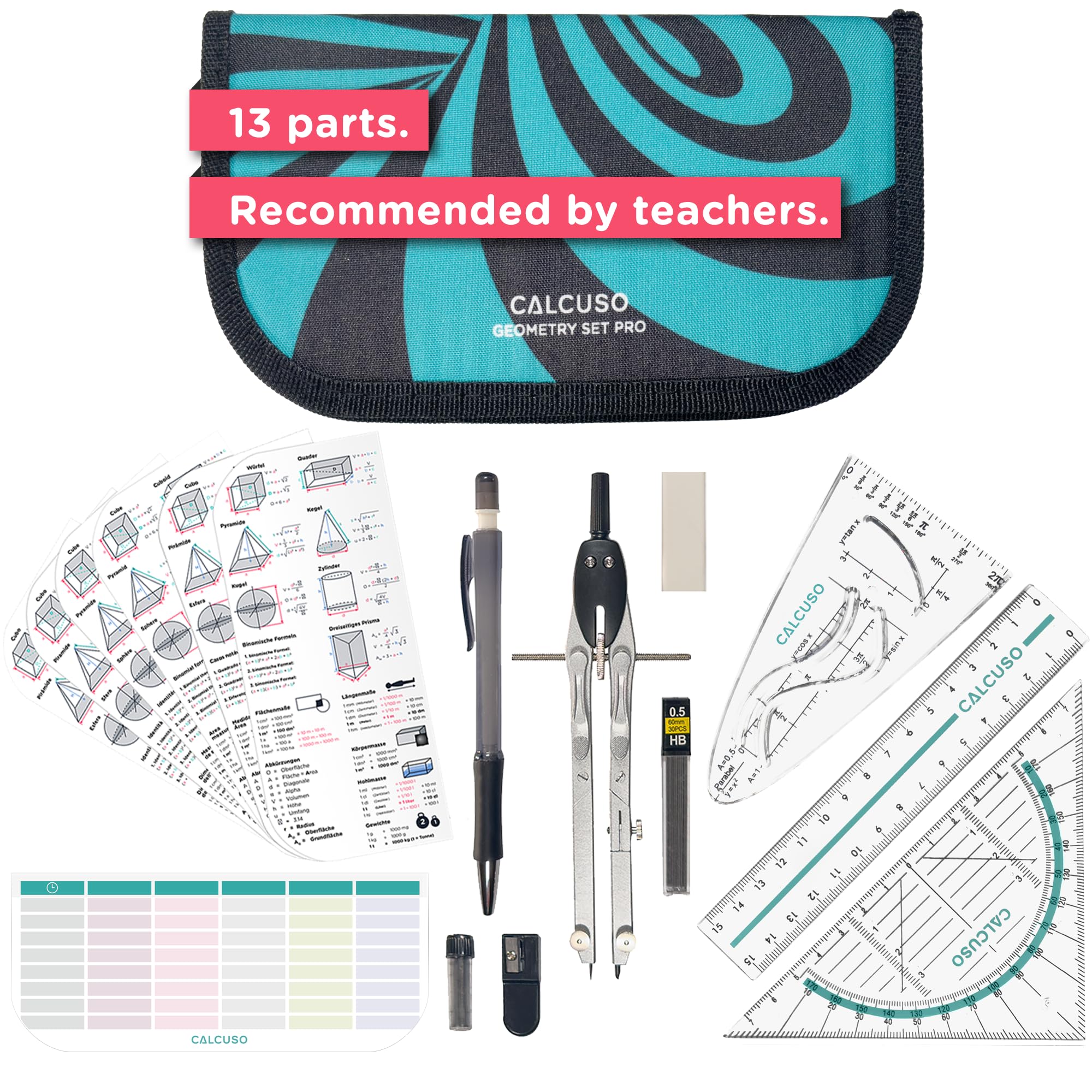 CALCUSO 15-Piece Maths Set & Professional Geometry Set, Precision Center-Wheel Compass for Maths & Drawing