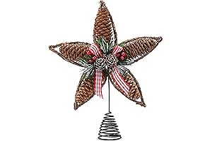 Rustic Rattan Star Tree Topper with Holly & Berry Decor & Pine Cone