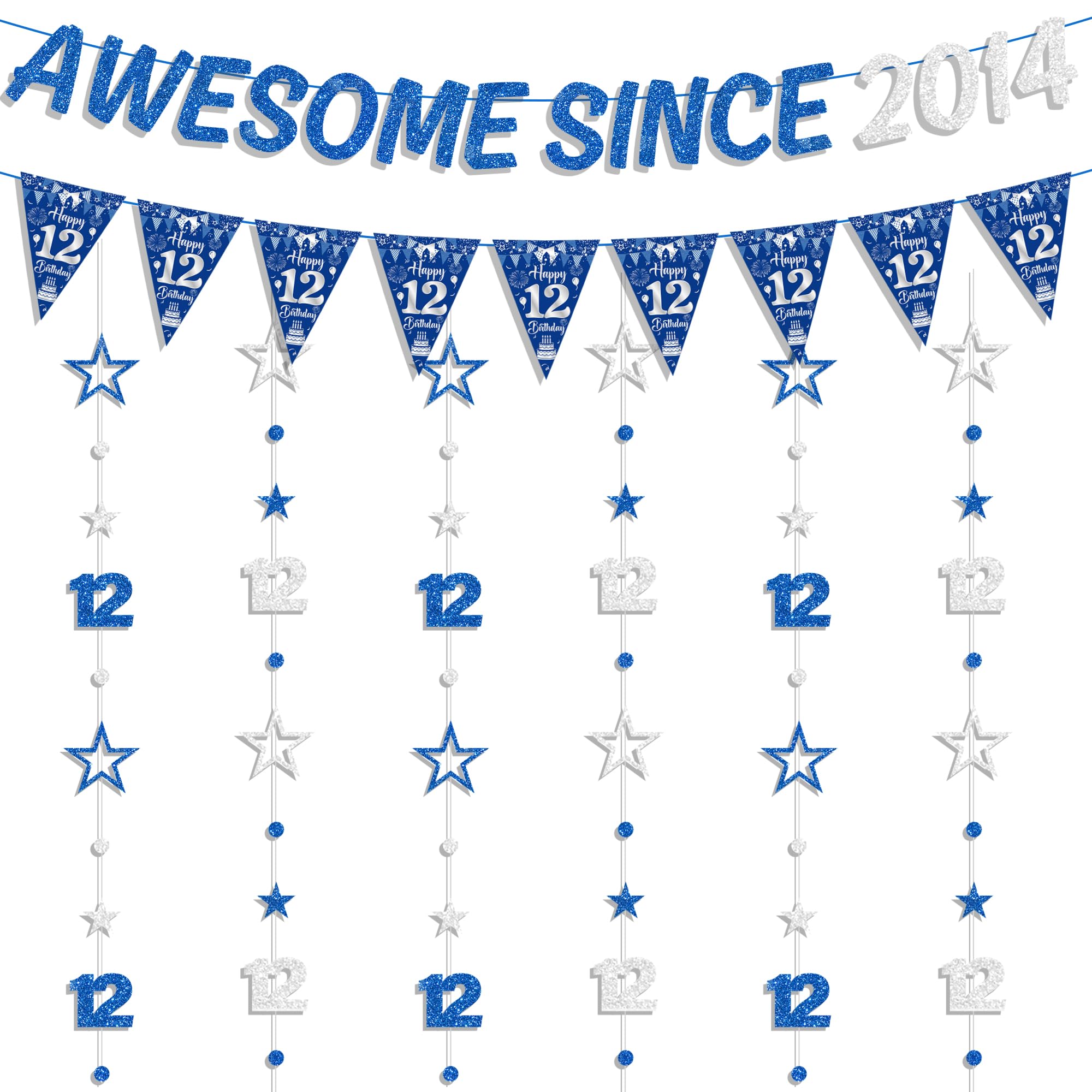 12th Birthday Decorations Banner Boy - 8 Pcs Blue Silver Awsome Since 2014 Banners Triangle Flags Number 12 Circle Dot Twinkle Star Garland for Twelve Boys Year Old Party Supplies Decor