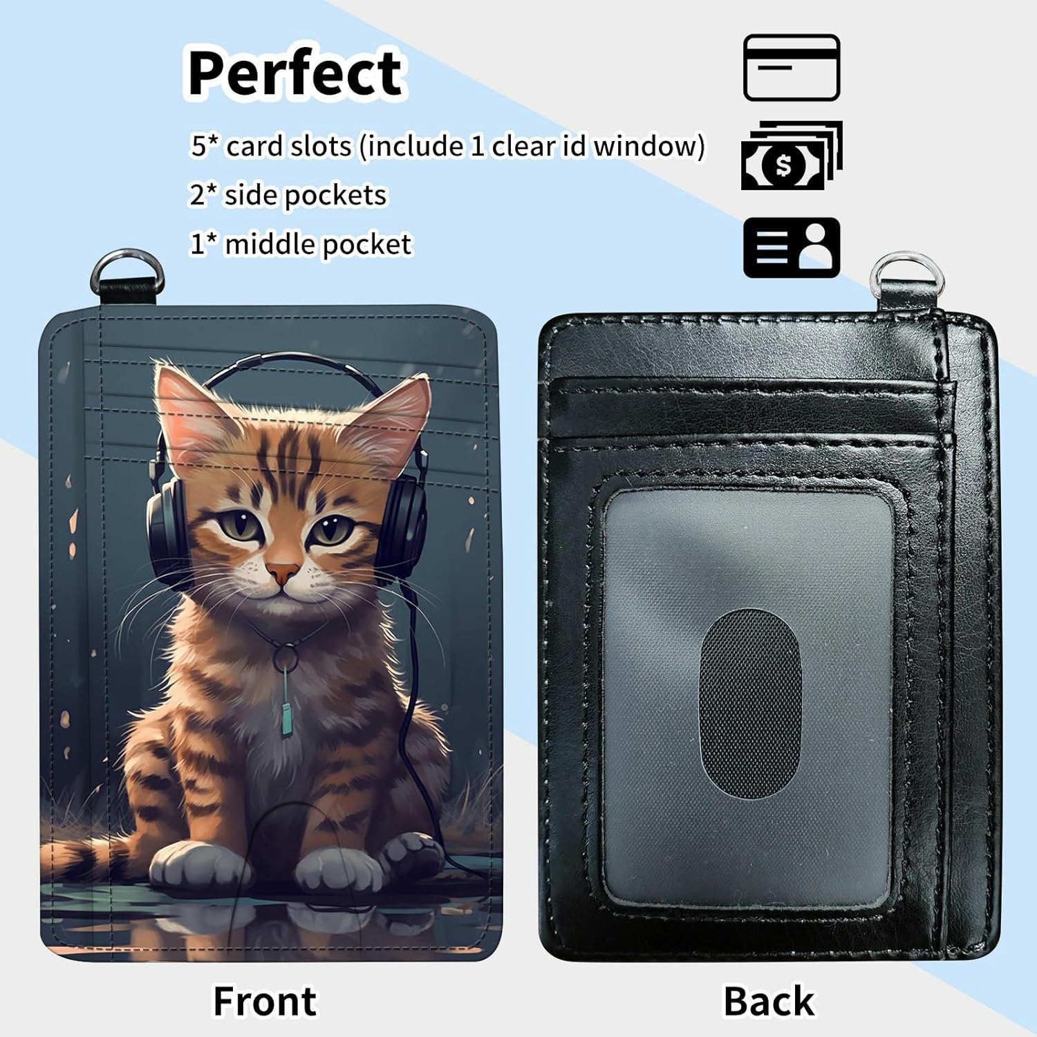 Slim Minimalist Wallet for Men & Women [ Wrist Strap ] PU Leather RFID Blocking Front Pocket Credit Card Holder Small Wallets Card Cases with ID Window, Cat with Headphones - Image 4