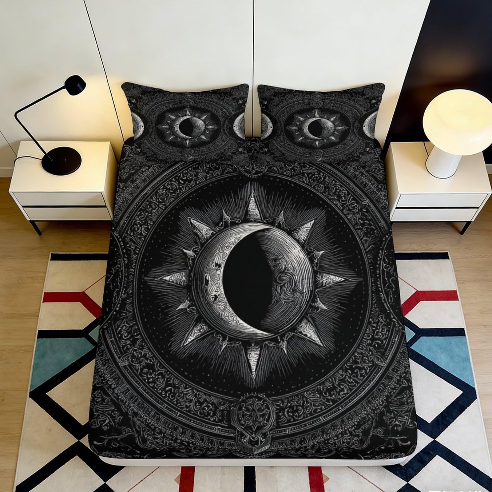 3D Printed Sun Moon Black Fitted Sheet Microfiber Soft Anti-Slip Celestial Mandala Mattress Cover for Bedroom Decor 160x200x25cm