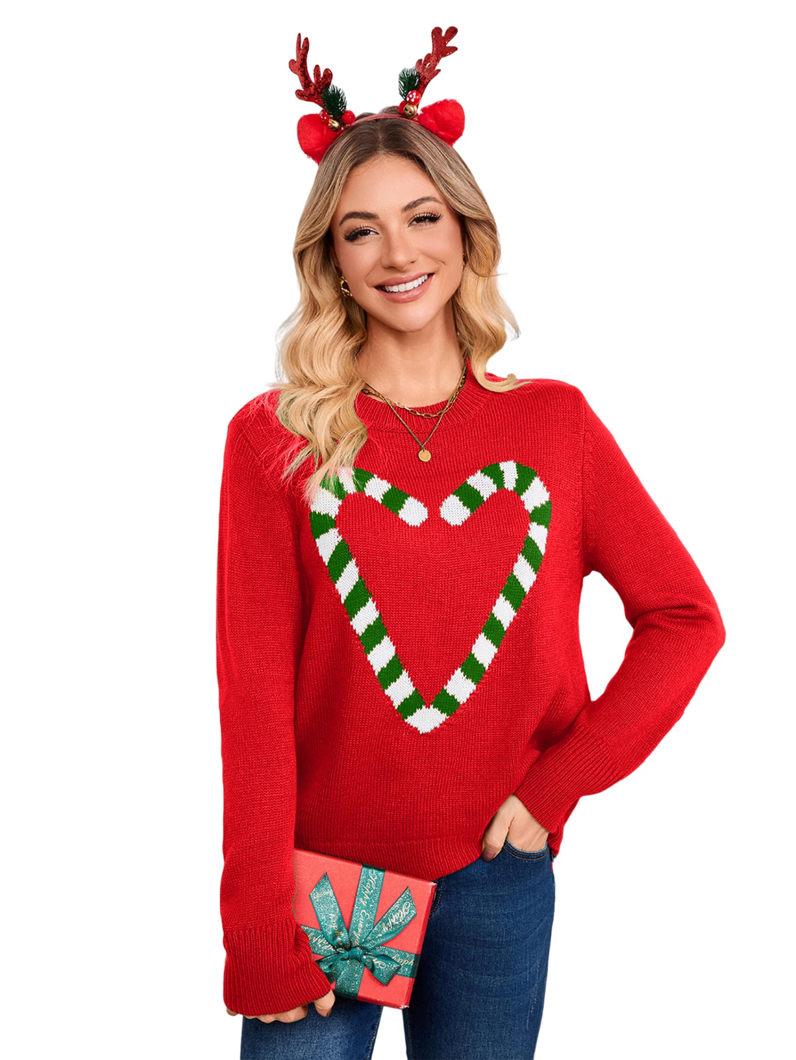 SunnyMelody Womens Ugly Christmas Sweater Cute Ribbed Knit Crewneck Pullover 2025 Fall Winter Tops