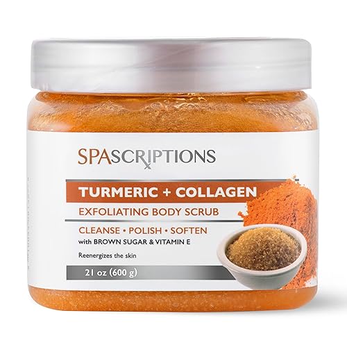 Spascriptions Exfoliante corporal de cúrcuma + colágeno, 21 onzas, exfoliante ultra hidratante y exfoliante para el cuidado corporal esencial