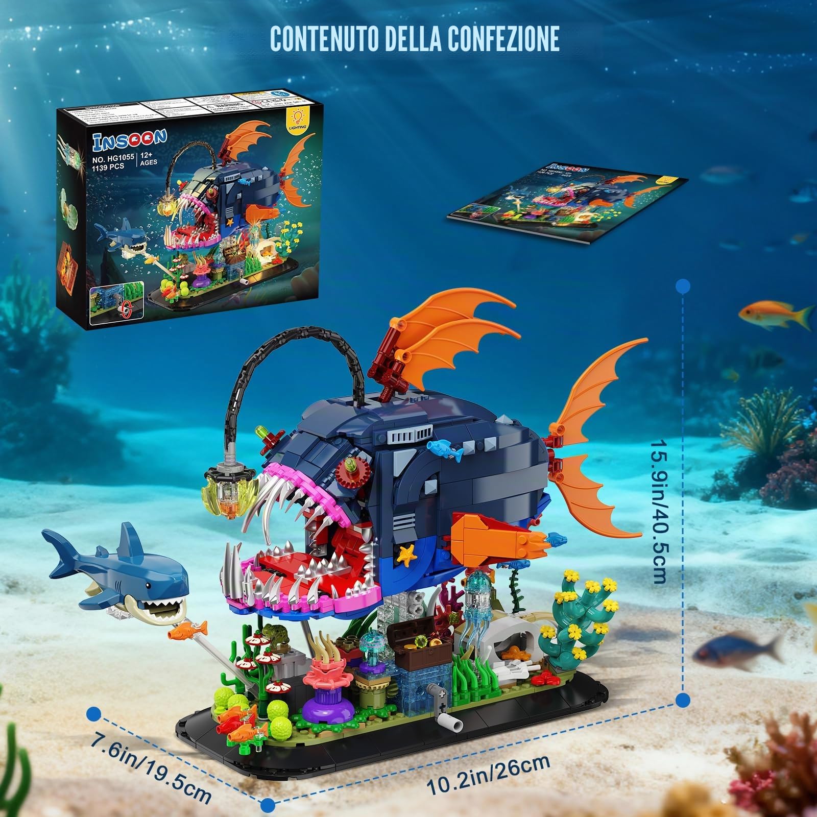 INSOON Set Costruzioni Pesce Pescatore Meccanico con Luci, Blocchi Mobili con Squalo e Medusa, Kit Animali Marini da 1139 Pezzi, Regalo e Decorazione per Bambini 12+ e Adulti