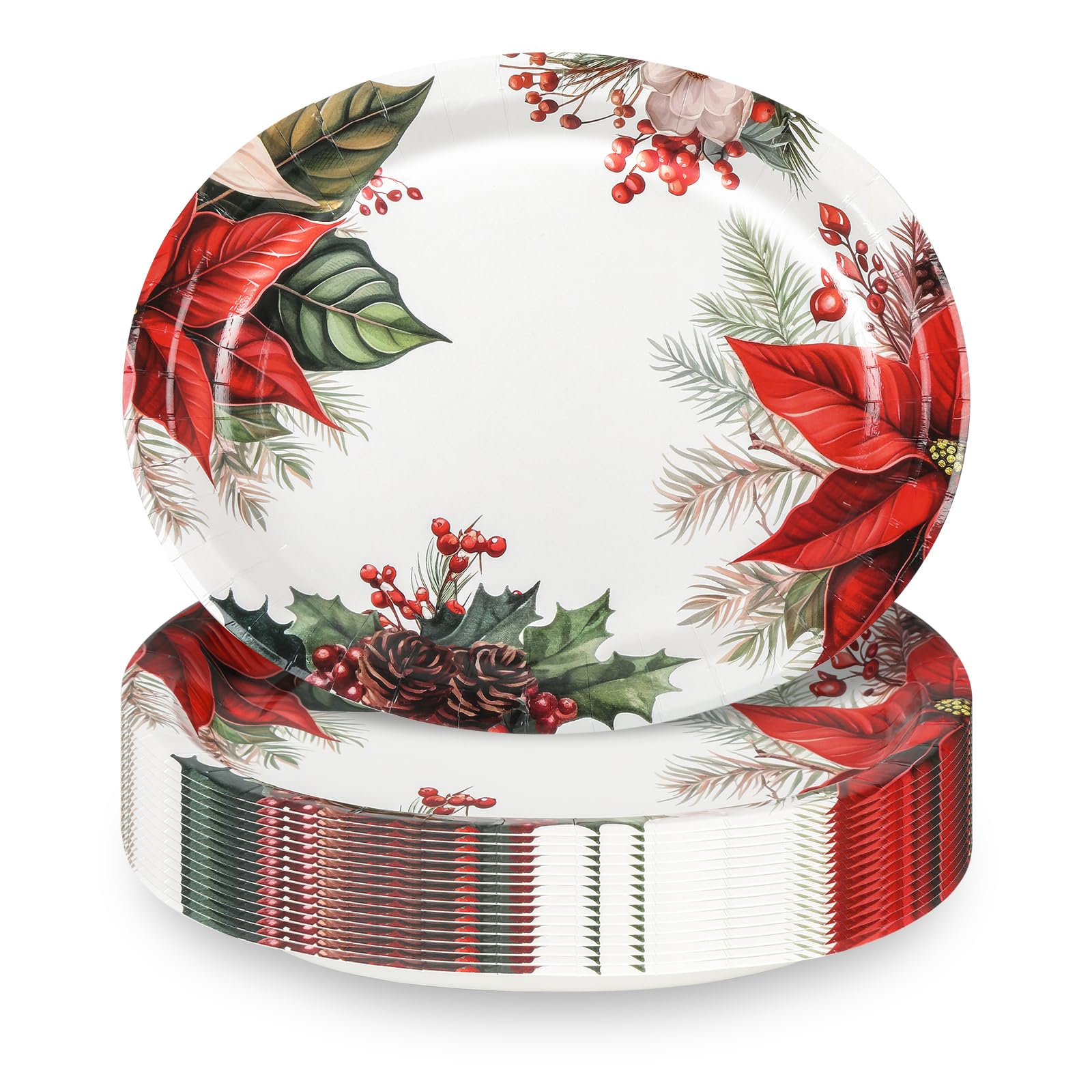 Juego de vajilla ovalada de Pascua de Navidad para 25 invitados, platos y servilletas desechables de papel floral rojo de Navidad, 50 piezas