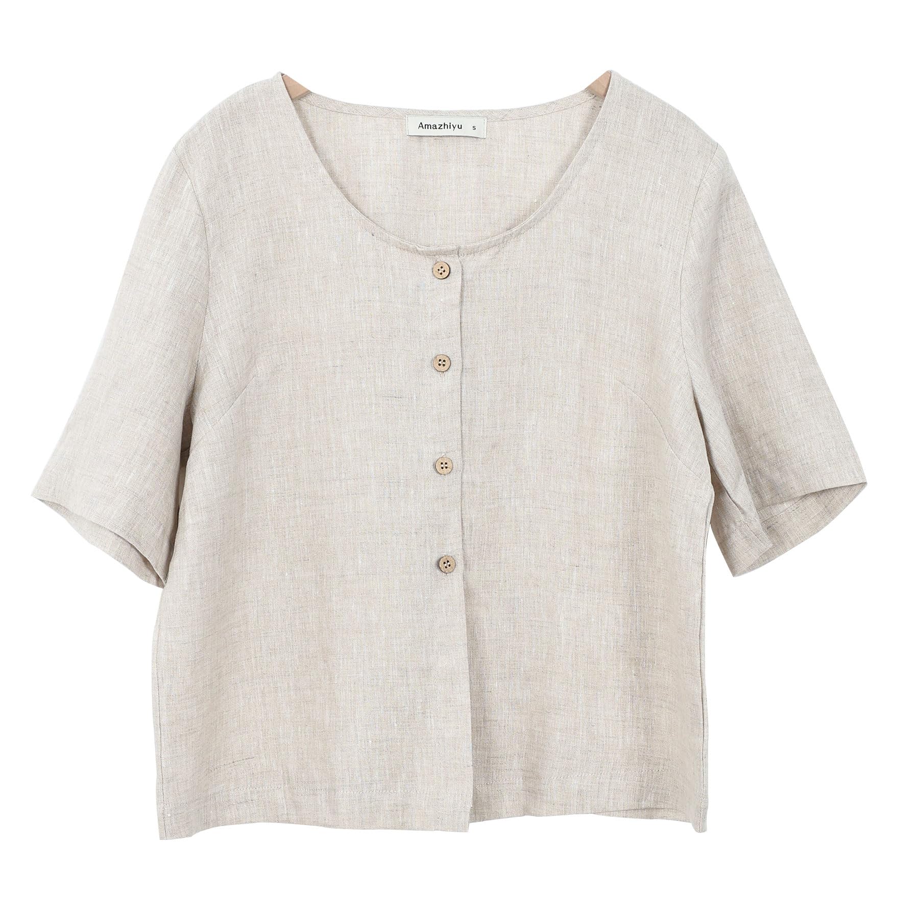 Amazhiyu Camicetta da donna in 100% lino, girocollo, manica corta, abbottonatura