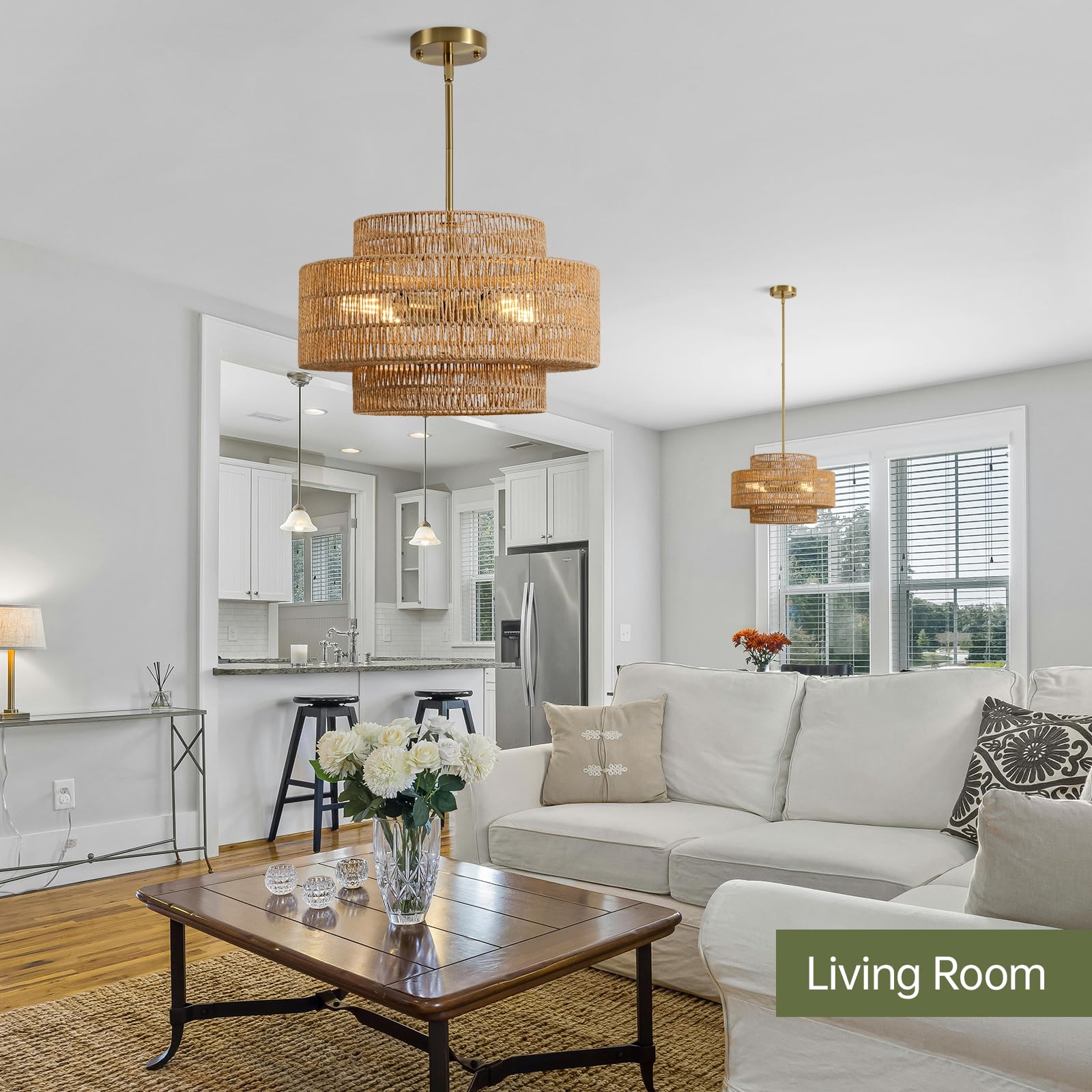 4-Light Boho Rattan Chandelier Light Fixture, 17.7'' Hand Woven Rustic Chandeliers Farmhouse Chandelier Hanging Light for Dining Room Kitchen Island, Living Room, Foyer