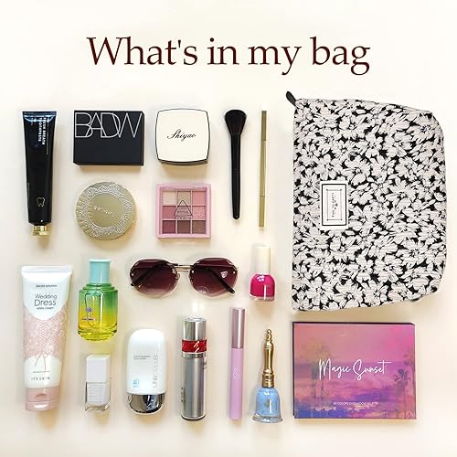 Miniatura 4 de STARDW Bolsas de cosméticos de flores para mujeres y niñas, bolsa de maquillaje de viaje, bolsa de maquillaje de lona de gran capacidad, bolsa