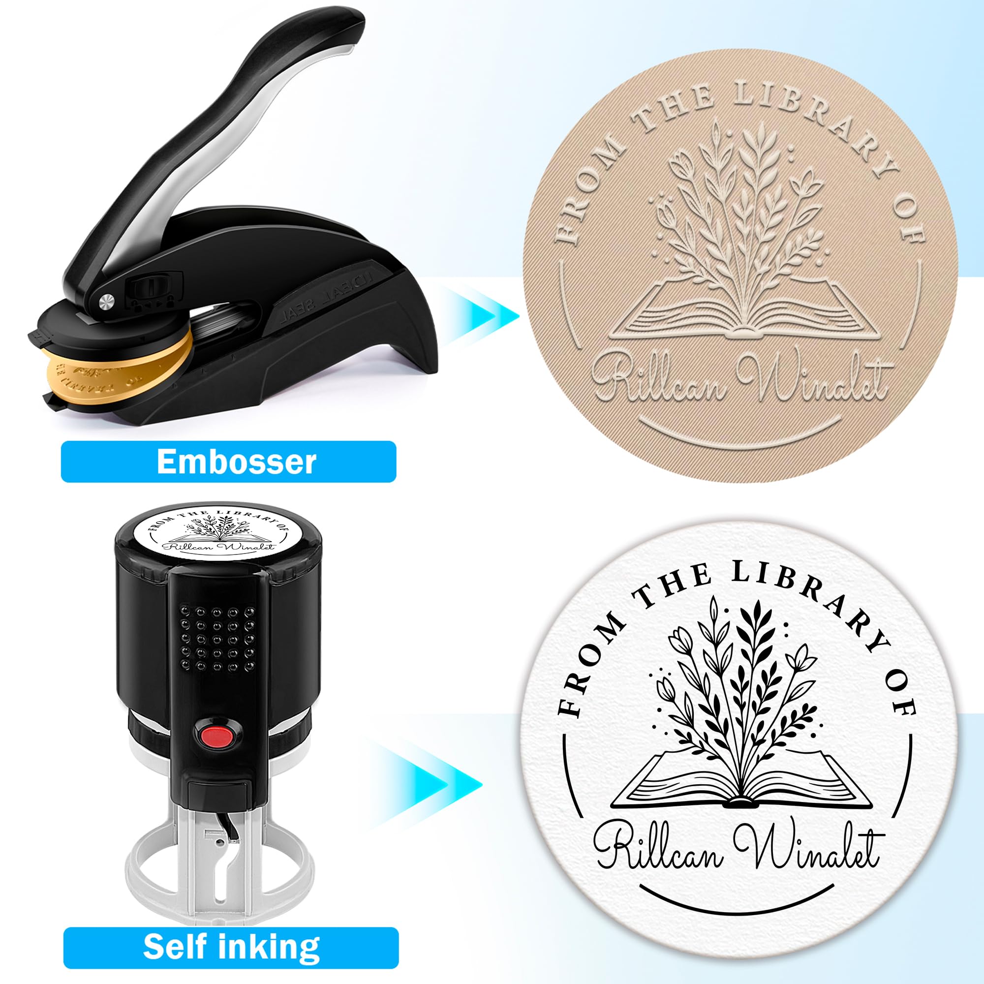 Custom Book Embosser | Book Stamp Personalized | Personal Library Embosser Custom Self-Ink Stamp from The Library of Customizable Embossing (Flowers 1)