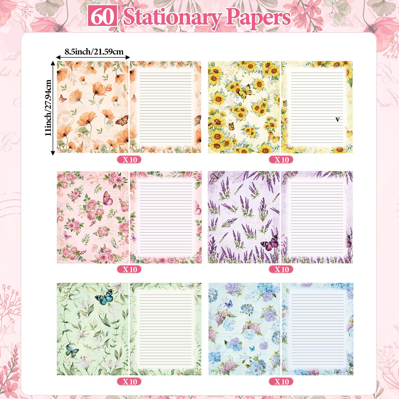 Funrous Juego de 90 piezas de papel estacionario y sobres, 60 hojas de papel de carta floral y 30 sobres, hoja de escritura rayada de 8.5 x 11 pulgadas para primavera, boda, vacaciones, fiestas