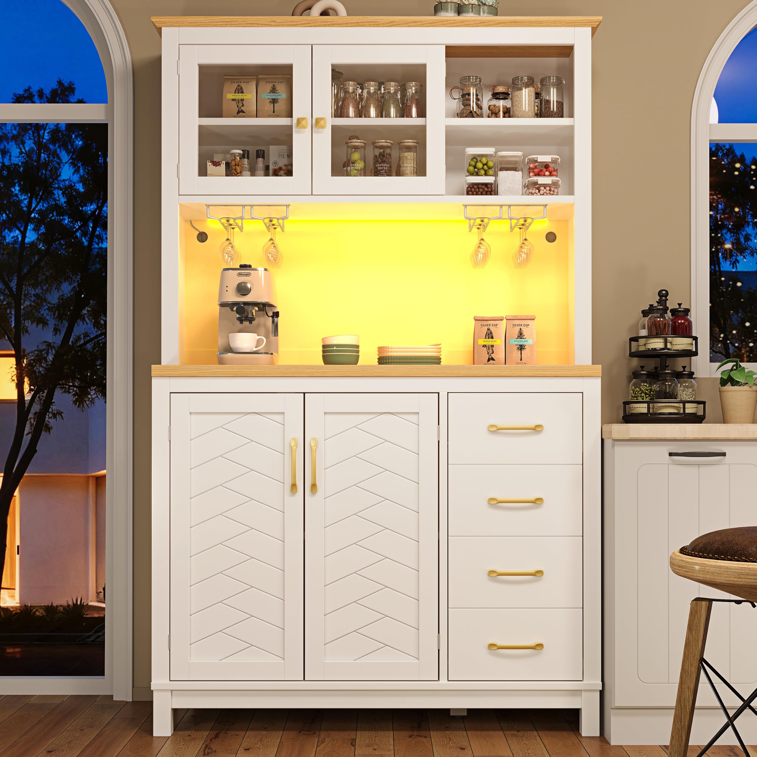 Merax Kitchen Cabinet with RGB LED Lights, 105.5 x 40 x 180 cm Farmhouse Kitchen Cupboard, Pantry Cupboard with 4 Doors, Drink Holders & Spacious Storage, Buffet Sideboard for Kitchen & Dining Room