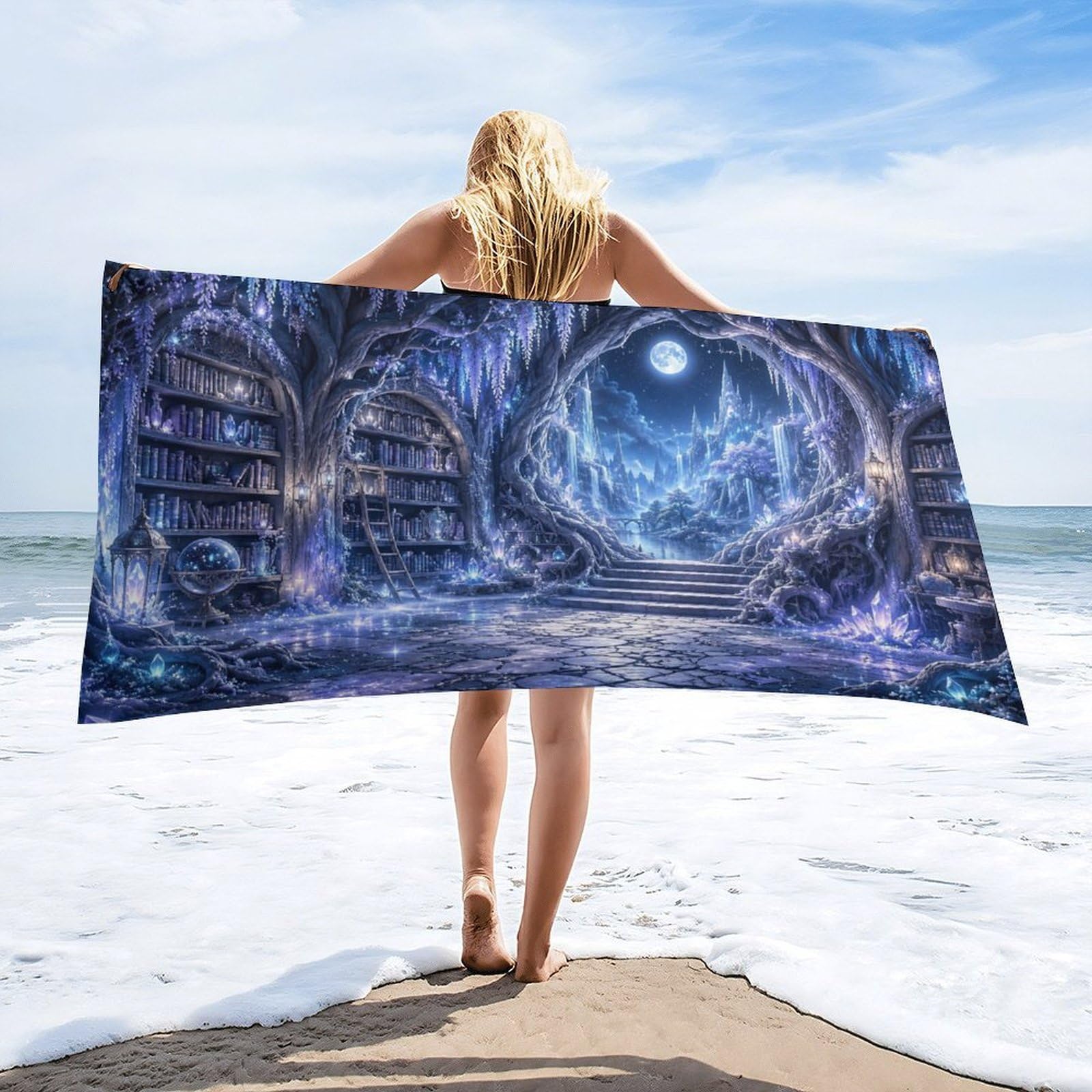 Anceky Enchanted Library Moonlight Beach Towel 32"×63",Soft Microfiber Bath Towel Shawl, Quick Dry Absorbent Pool Spa Gym Shower Towel