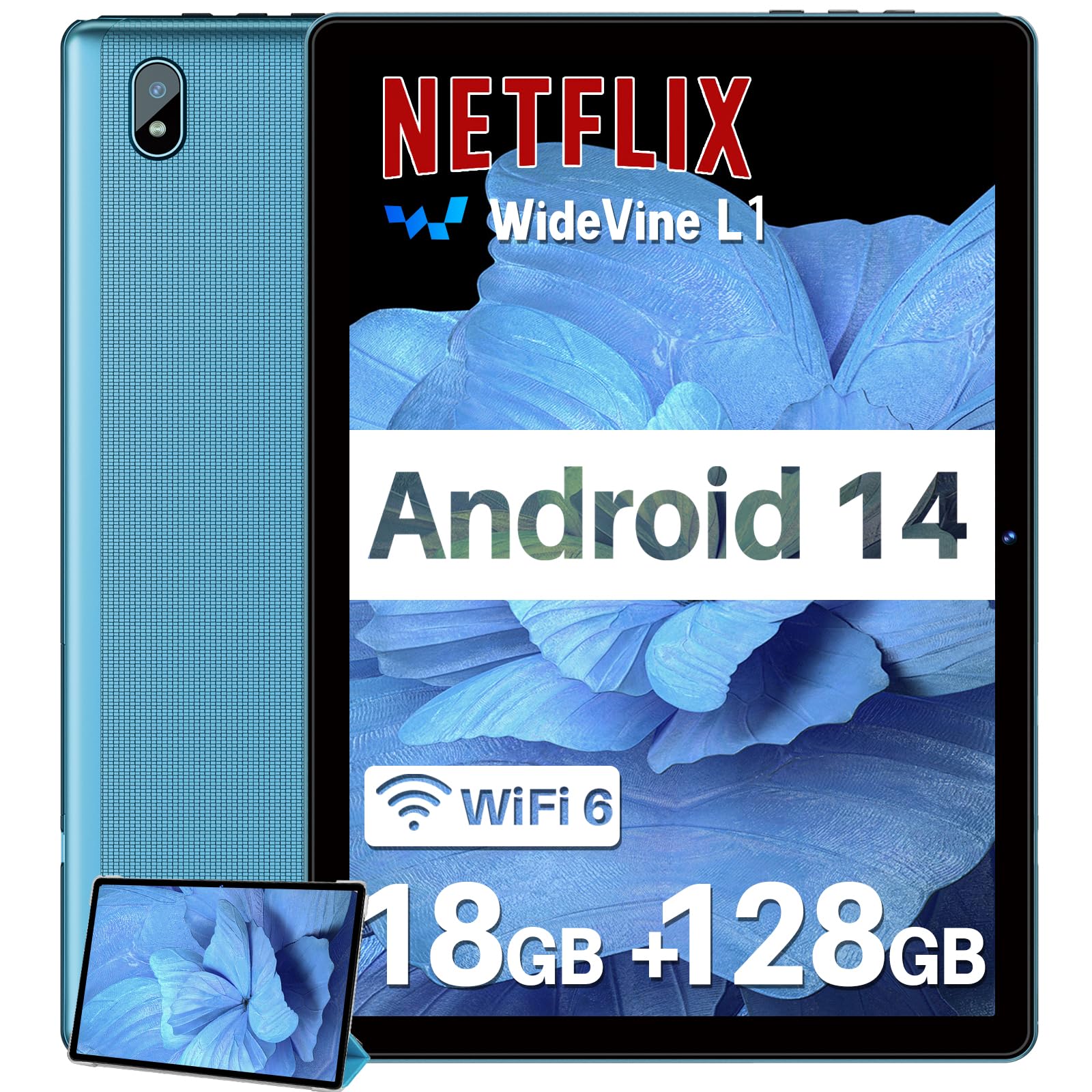 DMOAO Tablet 10 Pollici Android 14 con 18GB RAM + 128GB ROM(TF 1TB), HD Tablet con 5G Wi-Fi 6, Widevine L1, Octa-Core 1.8 GHz, USB-C, BT 5.0, 6000mAh, Tablet con Custodia, Blu