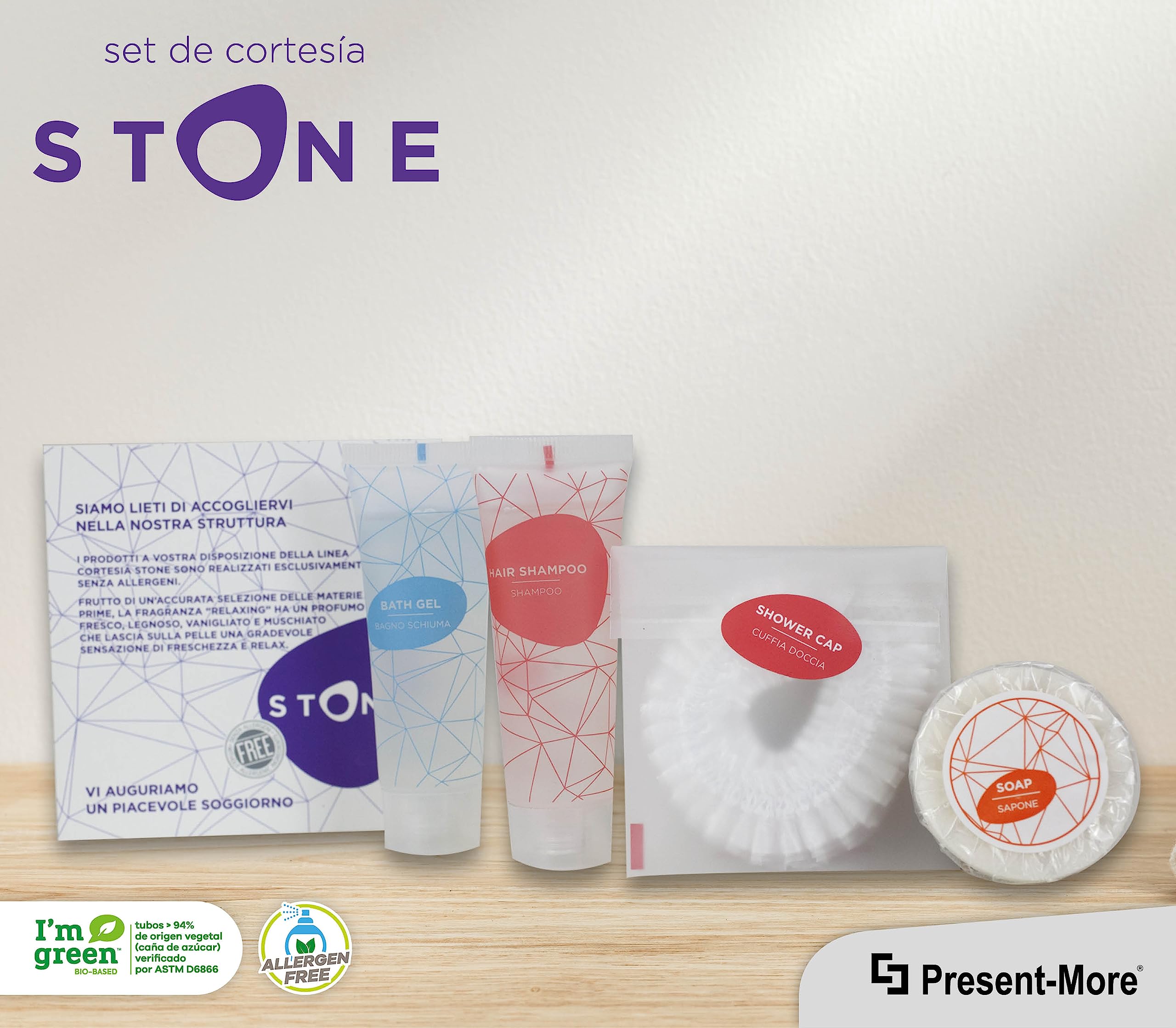 Present-More Amenities baño Stone - Prestige Kit Línea de cortesía 35 huéspedes de Hoteles y B&B | Amenities baño sin alérgenos con fragancia Relaxing