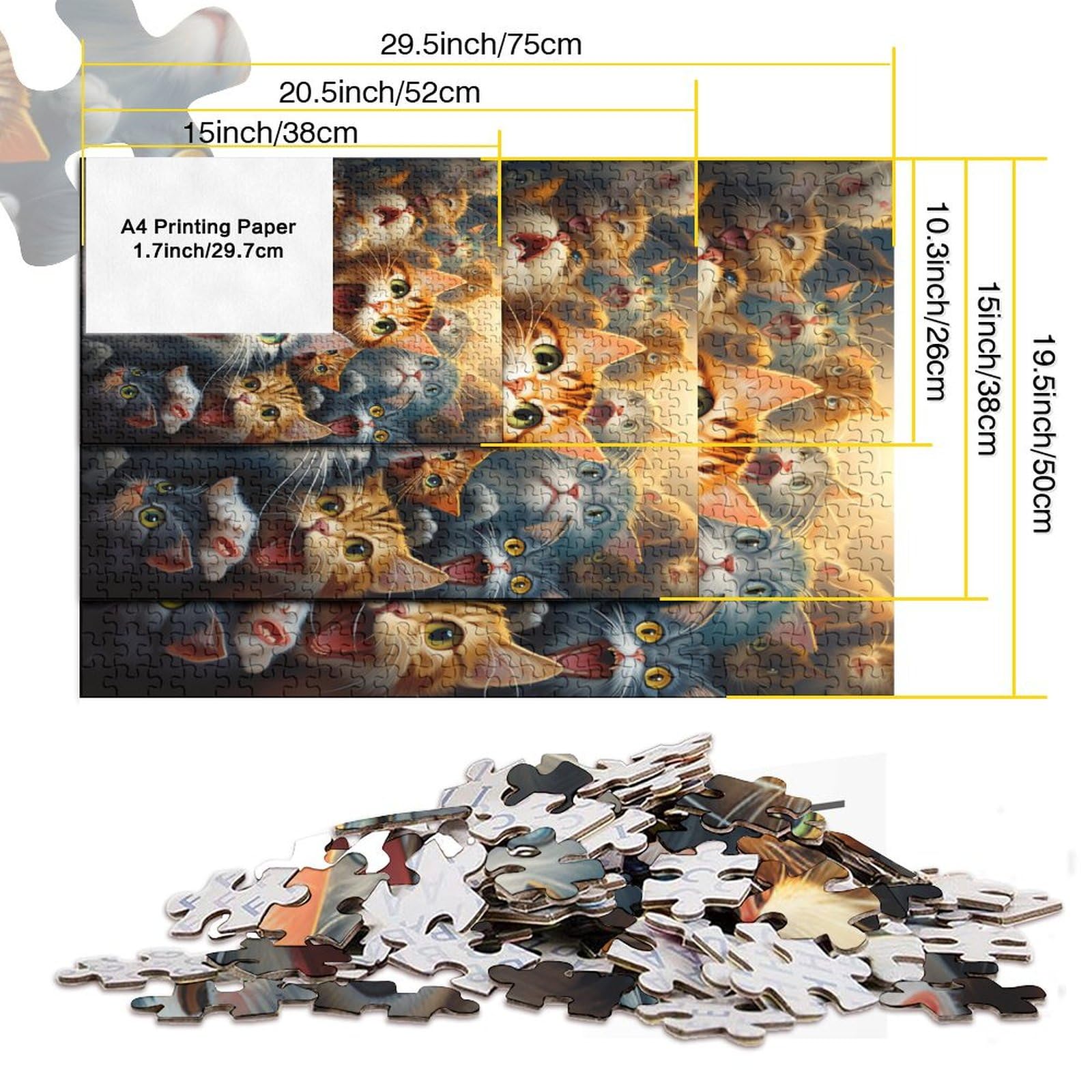 Cute Cat Puzzle 1000 Pezzi In Legno – 75x50 Cm, Per Adulti, Con Poster Incluso, Alta Qualità