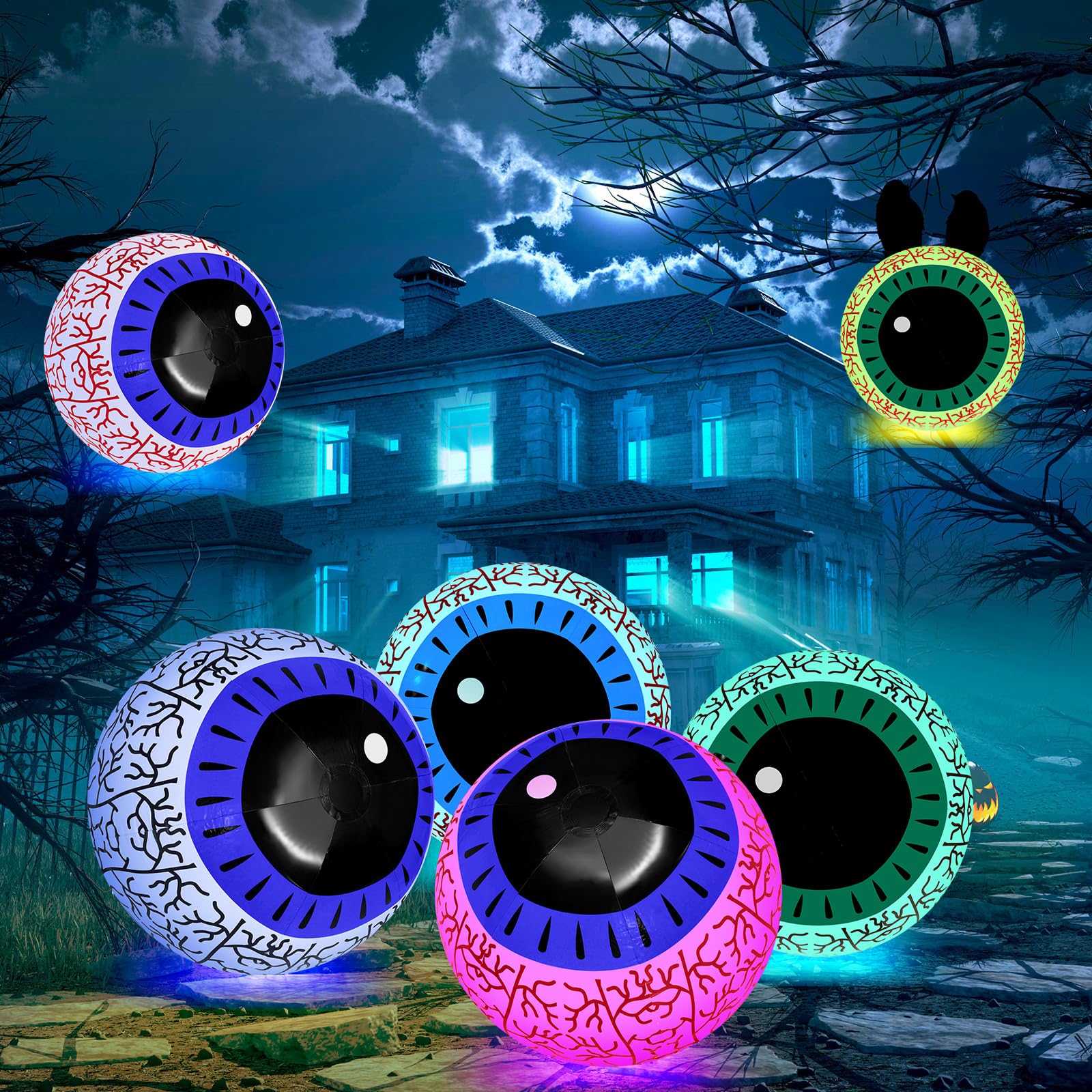 Photo 1 of 6 Pcs 24 Inch Halloween Inflatables Eyeball Giant Decoration Light up Eyeball Outdoor Decorations LED Lights with Remote Controller Color Changing for Halloween Party Lawn Yard Garden Decor(Eyeball)