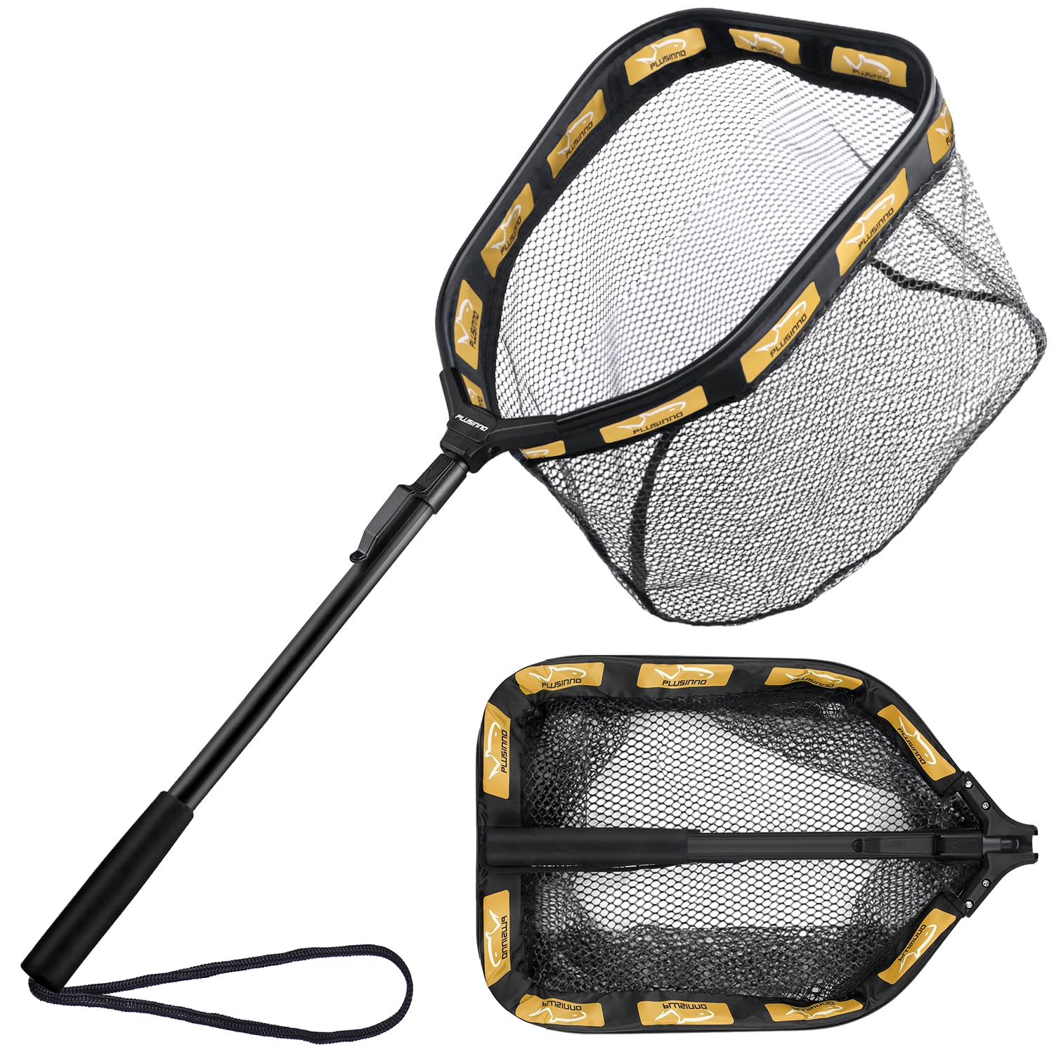 PLUSINNO Floating Fishing Net for Steelhead, Salmon, Fly, Kayak, Catfish, Bass, Trout Fishing, Rubber Coated Landing Net for Easy Catch & Release, Compact & Foldable for Easy Transportation & Storage