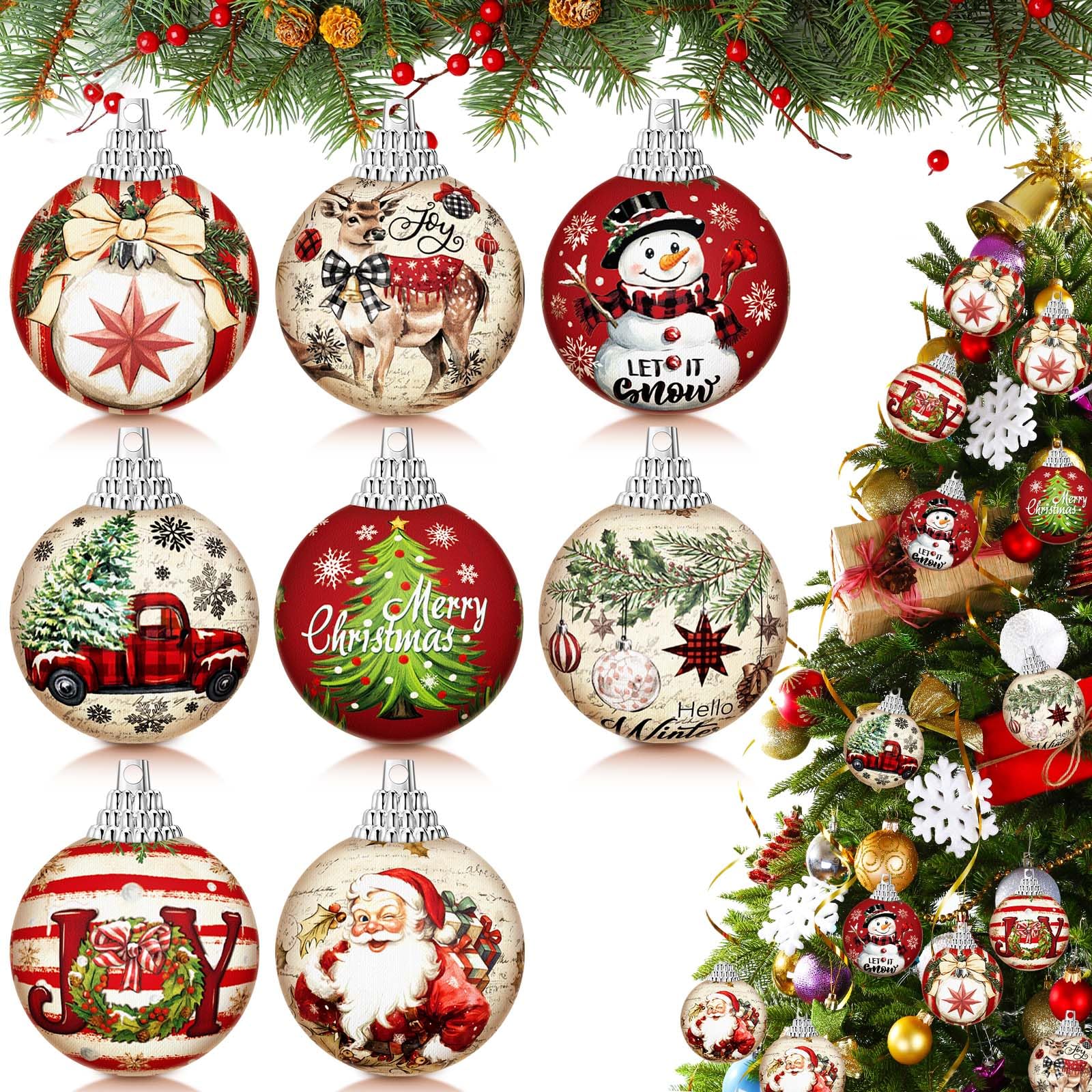 Outus 16 Pcs Christmas Ball Ornaments for Tree Merry Christmas Snow Joy Hanging Ornaments Xmas Santa Claus Snowman Balls for Tree Decoration Xmas Gifts Farmhouse Home Fireplace Decoration