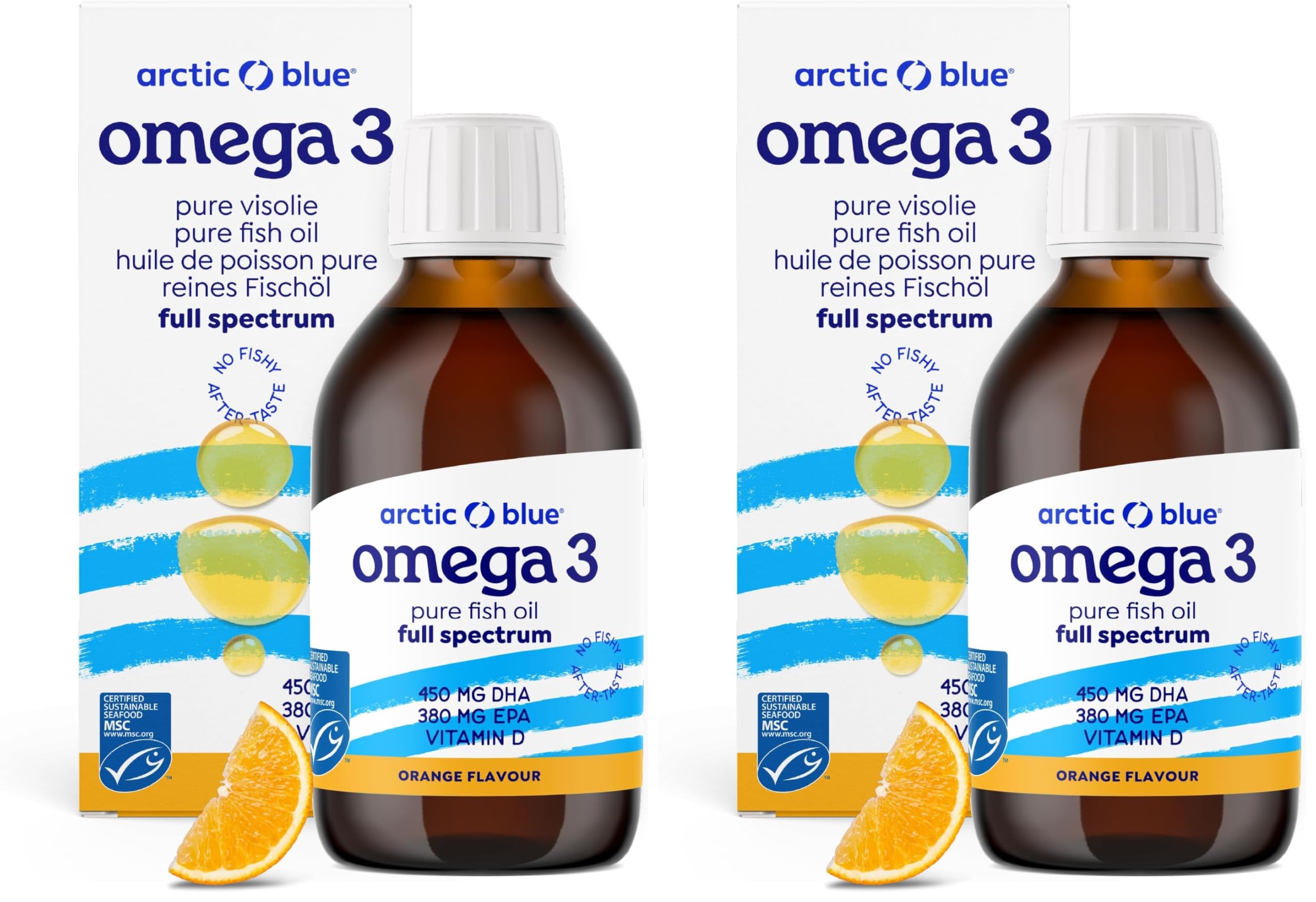 Arctic Blue Omega 3 Fischöl – 150 ml flüssig – MSC-Zertifiziert – hochdosiert mit DHA, EPA und Vitamin D – ohne Aufstoßen oder Fischgeruch – arktisches Fischöl – Orangengeschmack (Packung mit 2)