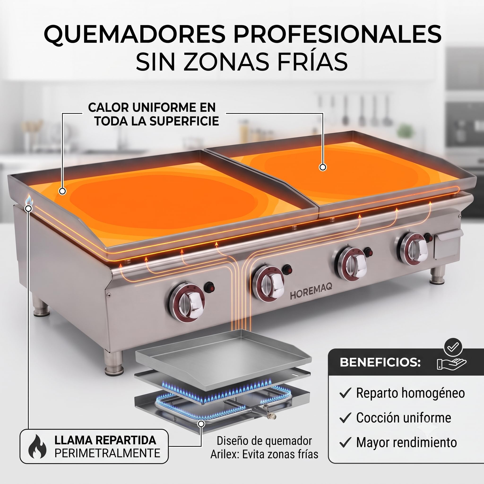 Plancha Gas Butano Profesional DUO, 2 Placas 60 x 40 cm en Acero Laminado 6 mm, 4 Quemadores, 11 kW, Cuerpo Inoxidable, Sobremesa Hostelería, Fabricada en España
