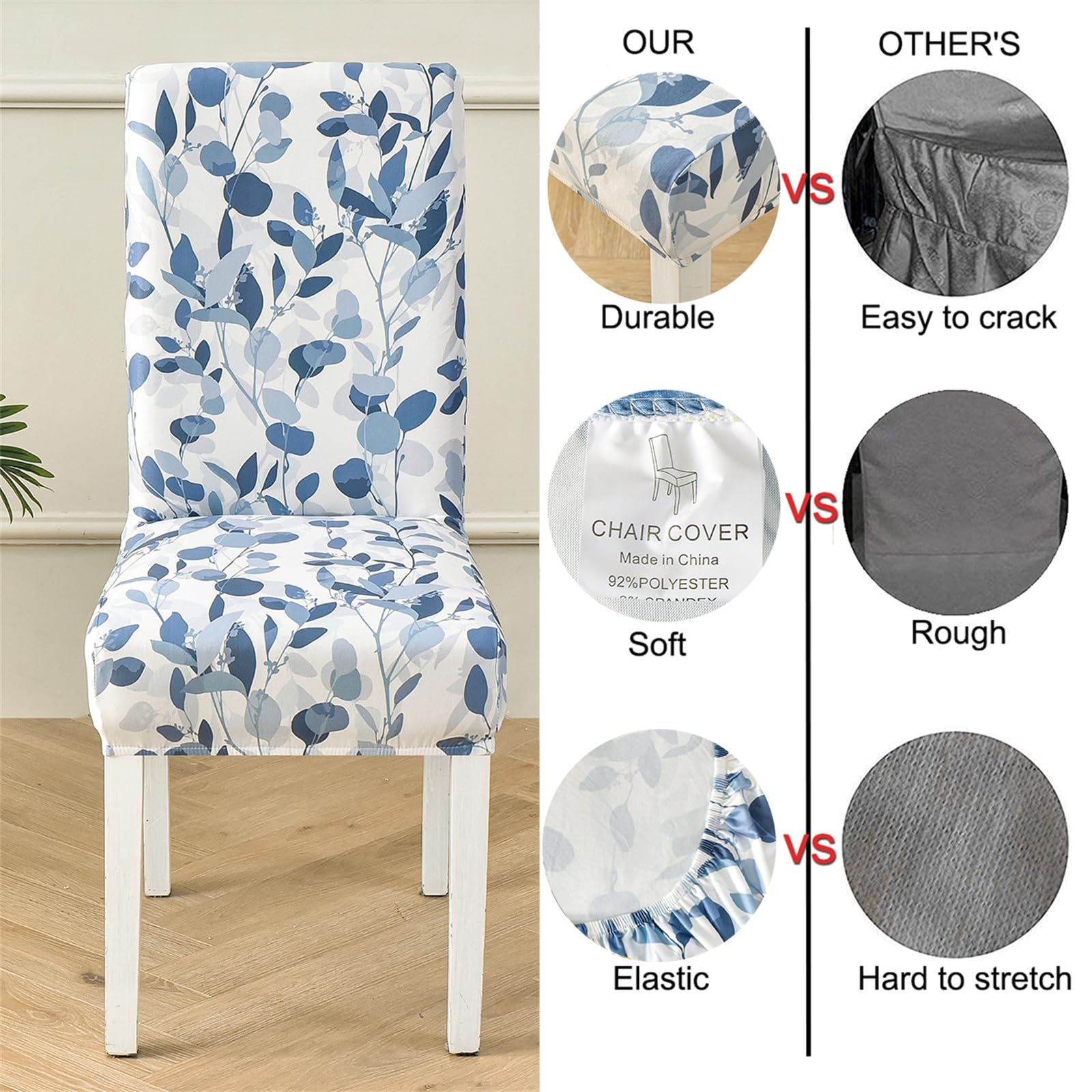 HZDHCLH Chair Covers Set of 4/6 Stretch Modern Chair Slipcovers for Dining Room Kitchen Wedding Party Washable Chair Protector(4pcs,Blue Leaves) - Image 2