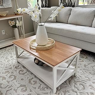 MAISON ARTS Farmhouse Coffee Table 39'', 2-Tier Coffee Table Set with Storage for Living Room, X-Frame Design Rustic Center Table, Easy Assembly, Ivory White