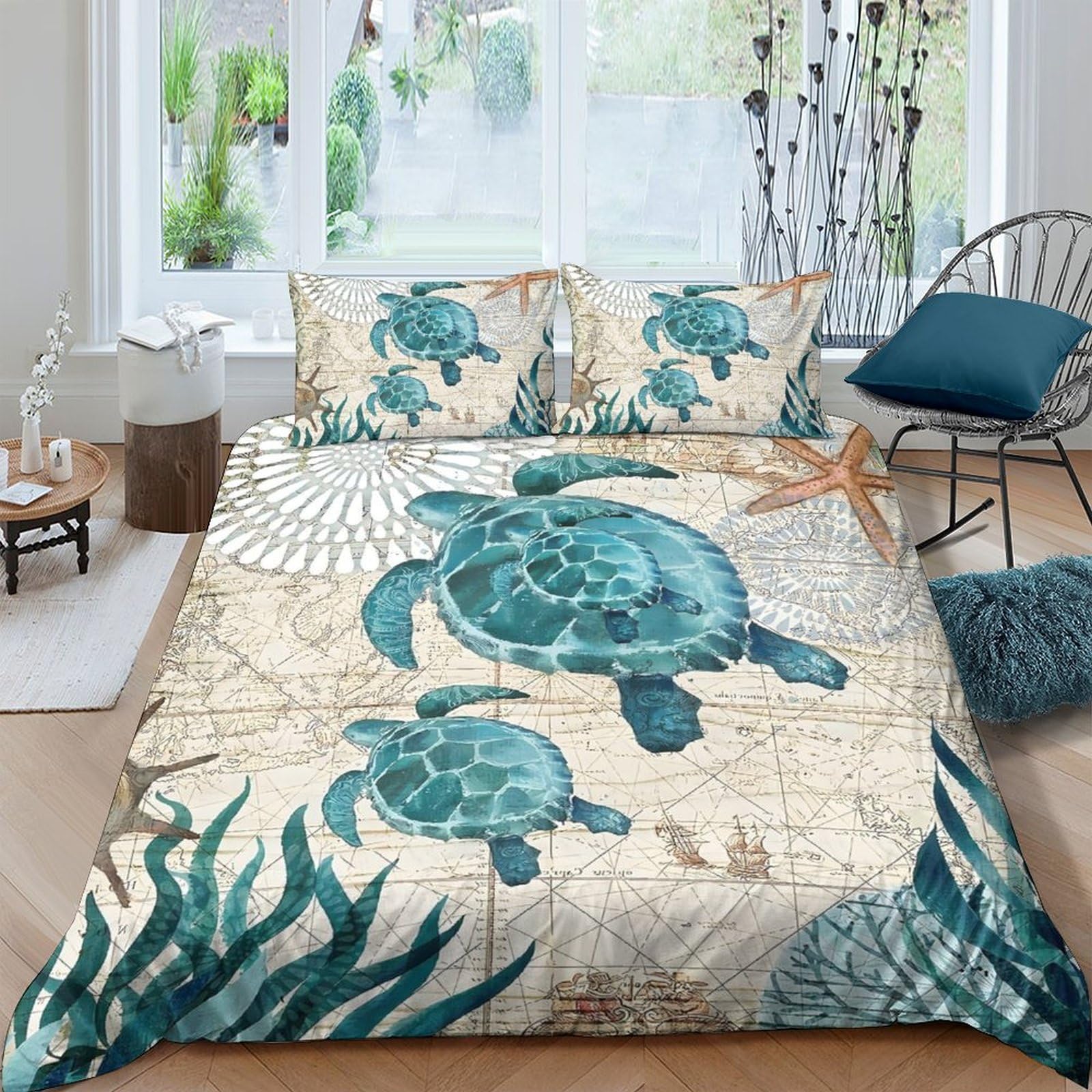 GPLZQXKJNH 3D Printed Sea Turtle Ocean Duvet Cover Microfiber Soft Breathable Underwater Coral Bedding Set with 2 Pillowcases for Bedroom Decor Single（135x200cm）